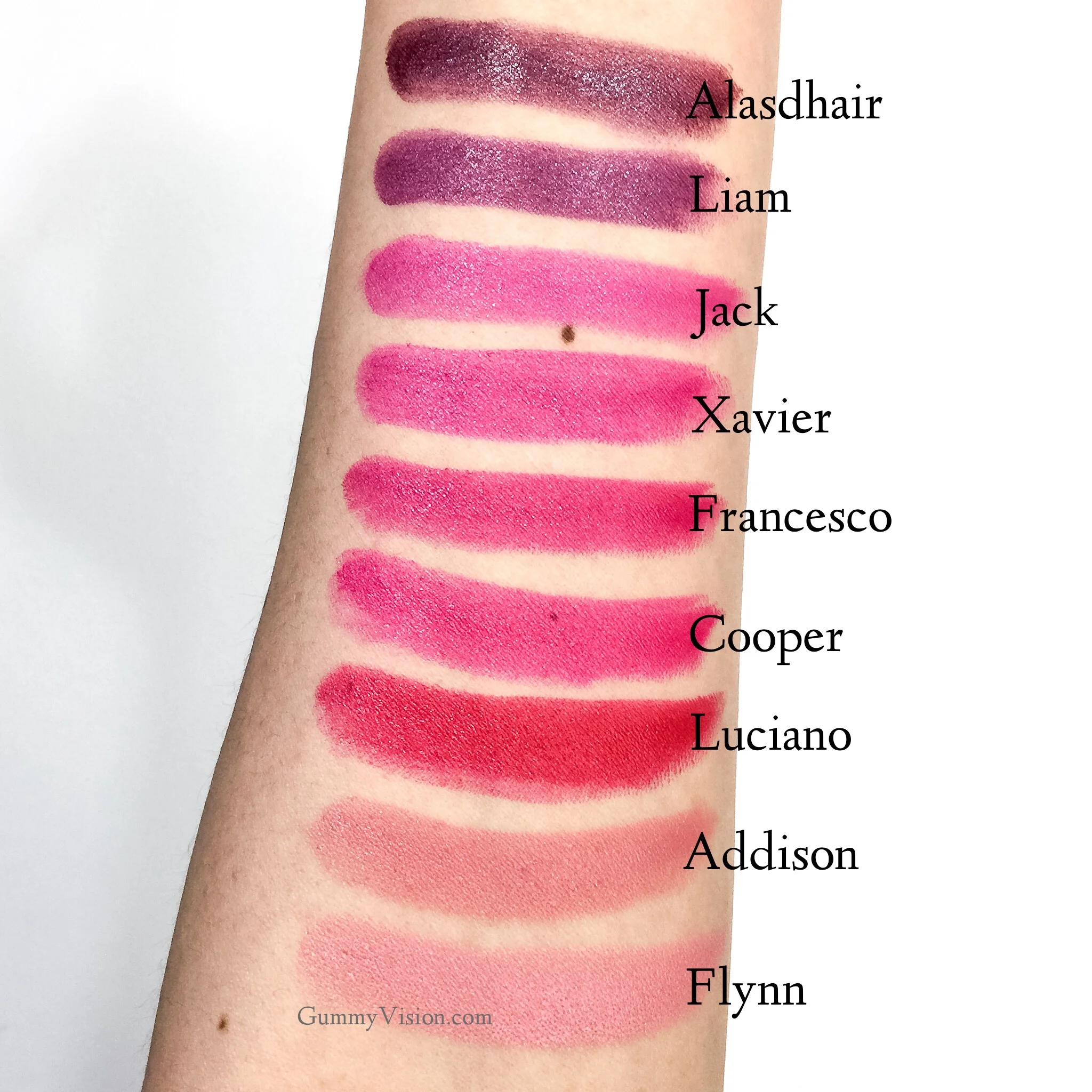 Daylight bulb swatches: Tom Ford Lips & Boys in Flynn, Addison, Luciano, Cooper, Francesco, Xavier, Jack, Liam, Alasdhair - www.gummyvision.com