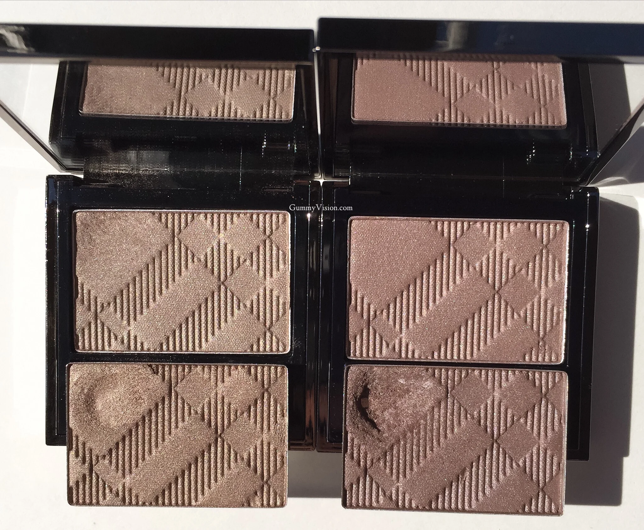 L - Burberry Pale Barley (new Wet and Dry version on top, old version on bottom, depotted). R - Burberry Rosewood (new Wet and Dry version on top, old version on bottom, deported) - gummyvision.com