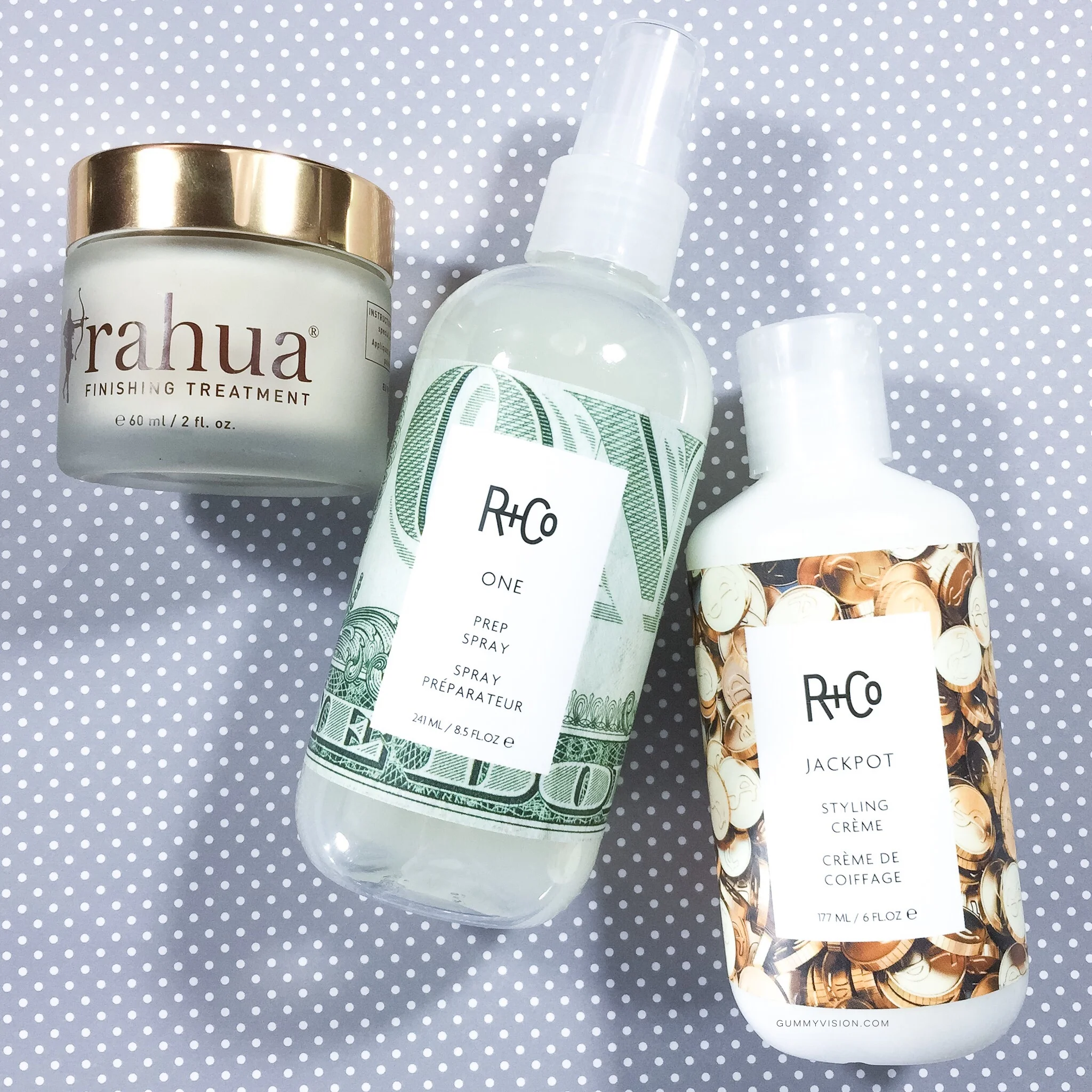 Rahua Finishing Treatment, R+Co One Prep Spray, R+Co Jackpot Styling Cream - gummyvision.com