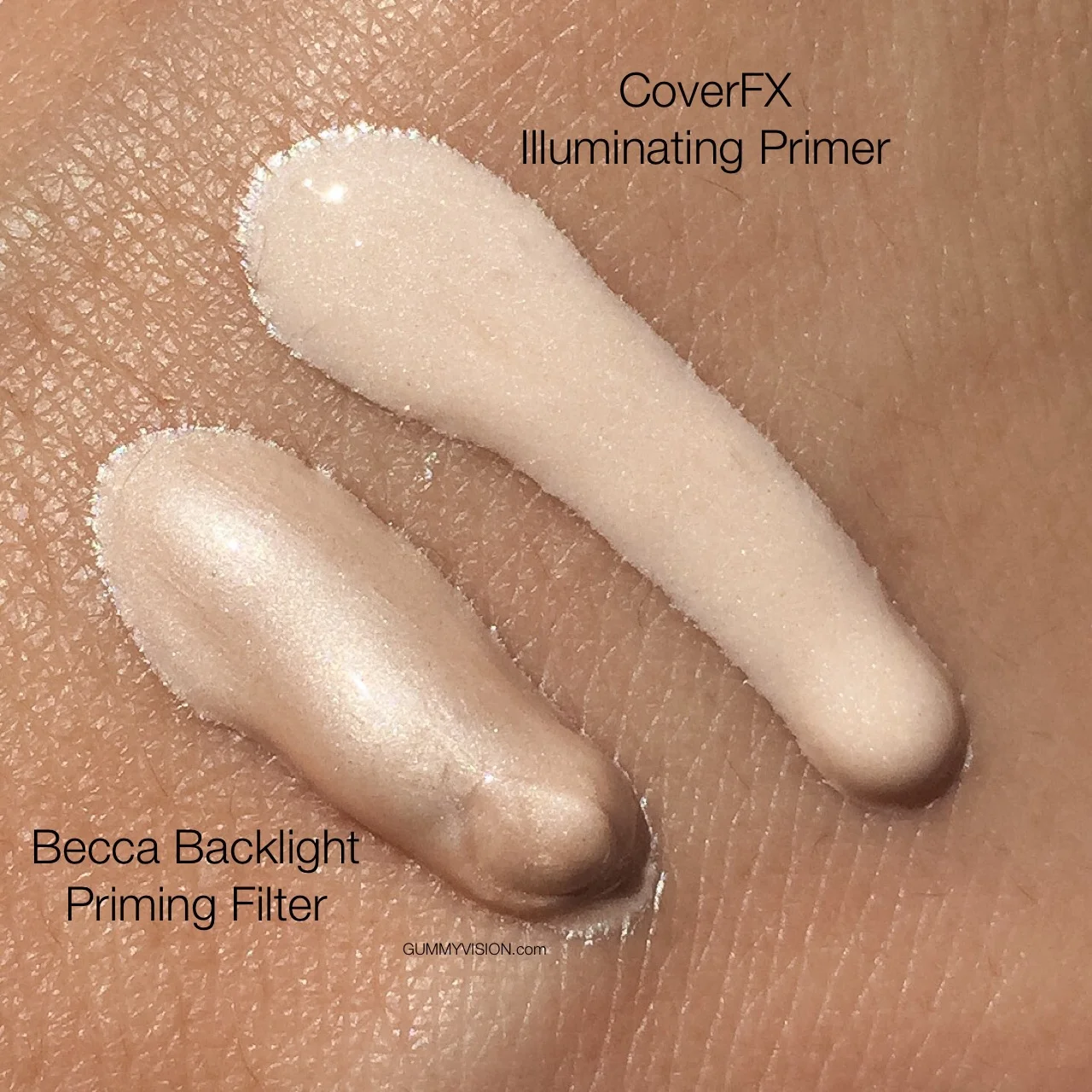BECCA Backlight Priming Filter color vs. CoverFX Illuminating Primer color - gummyvision.com