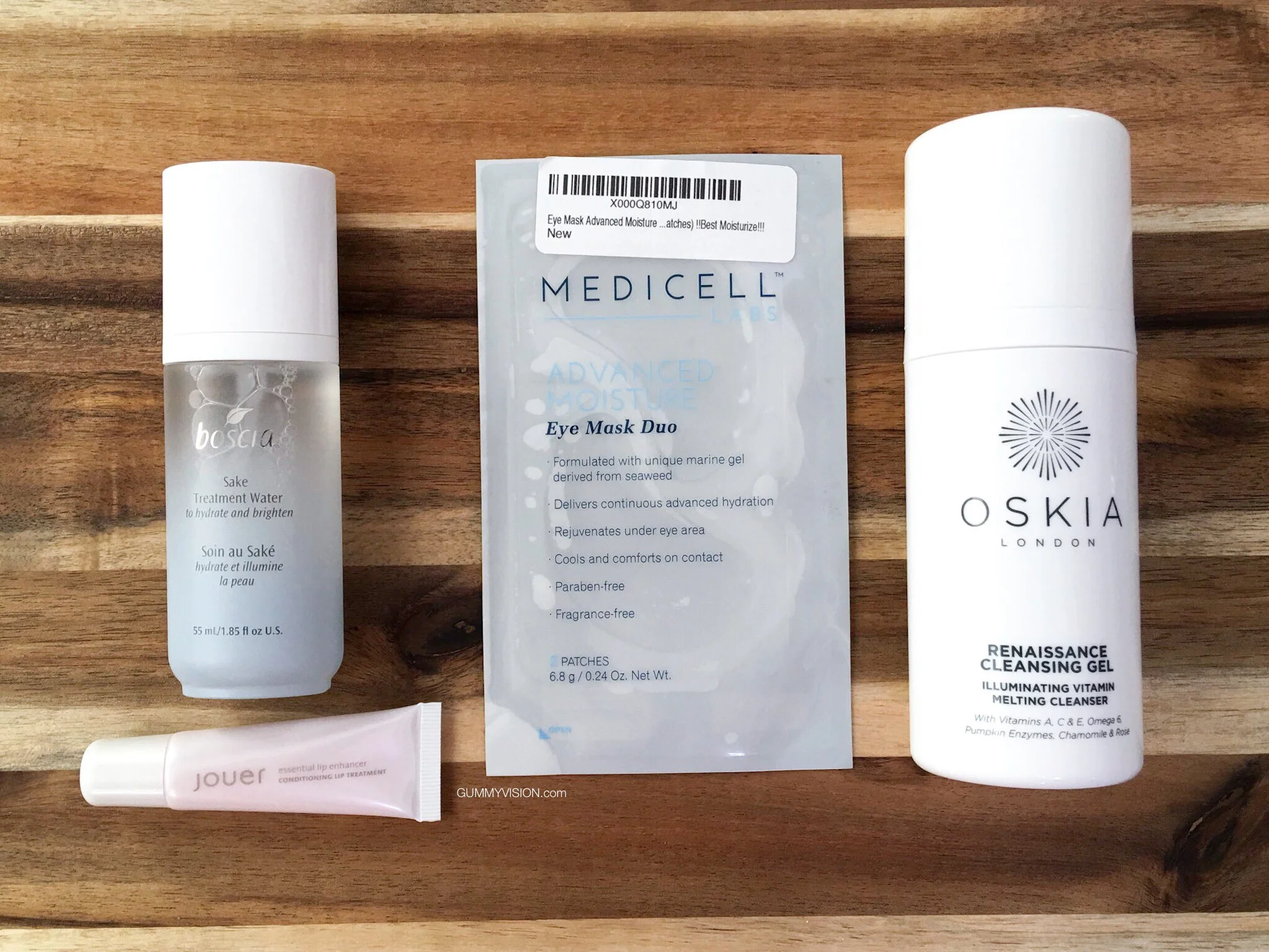 Skincare Mini Reviews: Boscia Sake Treatment Water, Jouer Essential Lip Enhancer, Medicell Advanced Moisture Eye Duo Mask, Oskia Renaissance Cleansing Gel - gummyvision.com