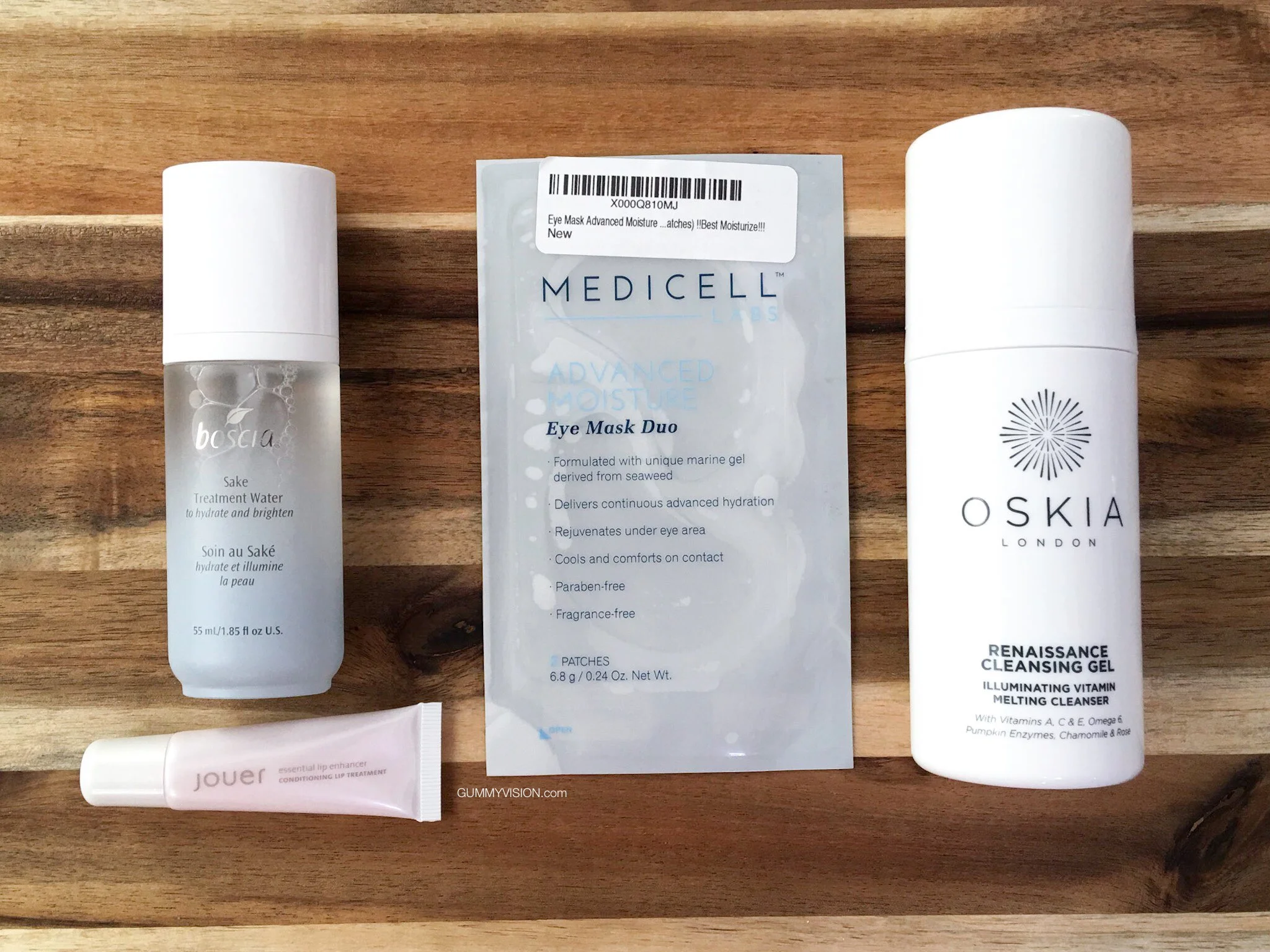 Skincare Mini Reviews: Boscia Sake Treatment Water, Jouer Essential Lip Enhancer, Medicell Advanced Moisture Eye Duo Mask, Oskia Renaissance Cleansing Gel