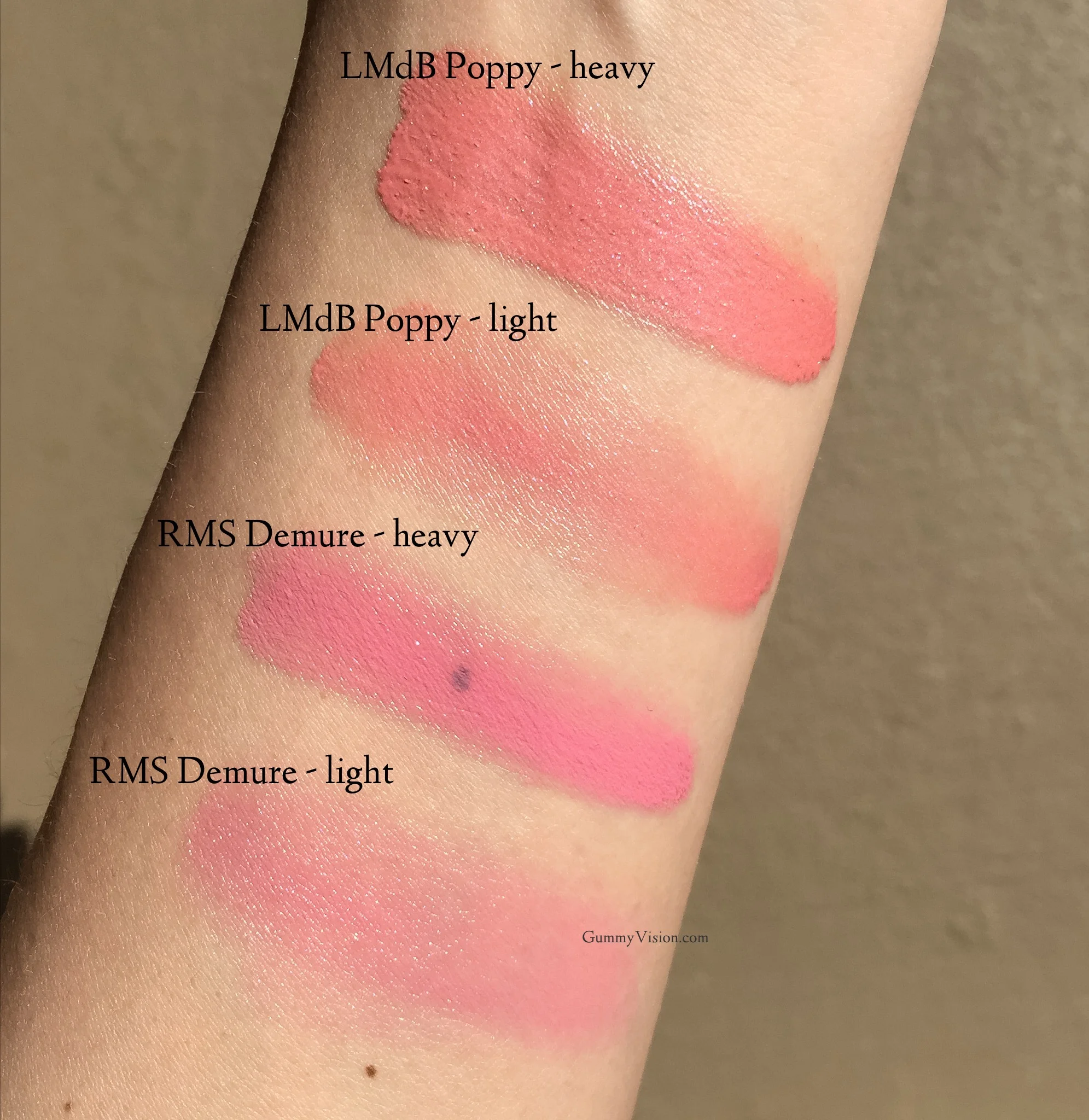 Swatched: RMS Lip 2 Cheek in Demure & Le Métier de Beaute Creme Fresh Tint in Poppy