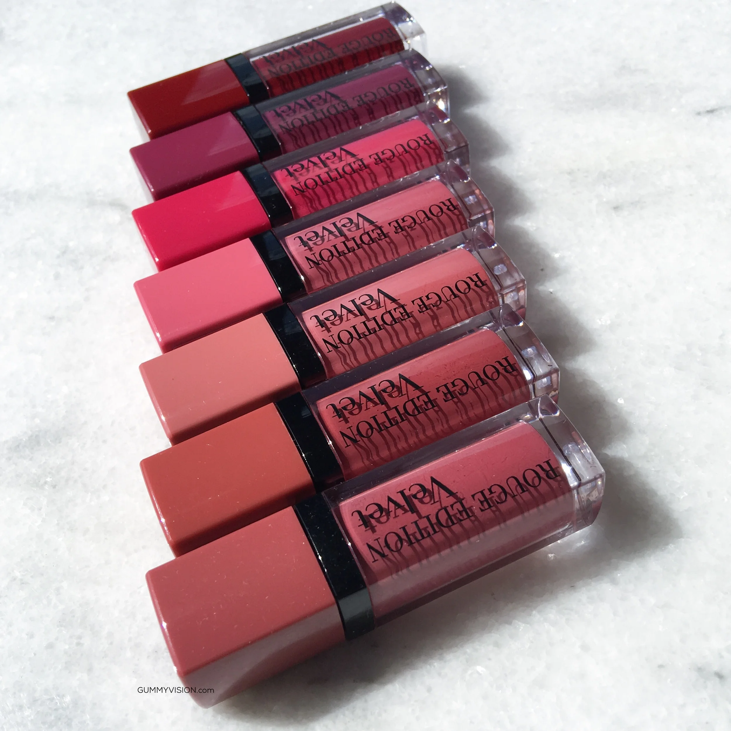 Bourjois Rouge Edition Velvet Lipsticks (Bottom to Top): 07 Nude-ist, 12 Beau Brun, 09 Happy Nude-Year, 11 So Hap'pink, 05 Ole Flamingo, 14 Plum Plum Girl, 08 Grand Cru