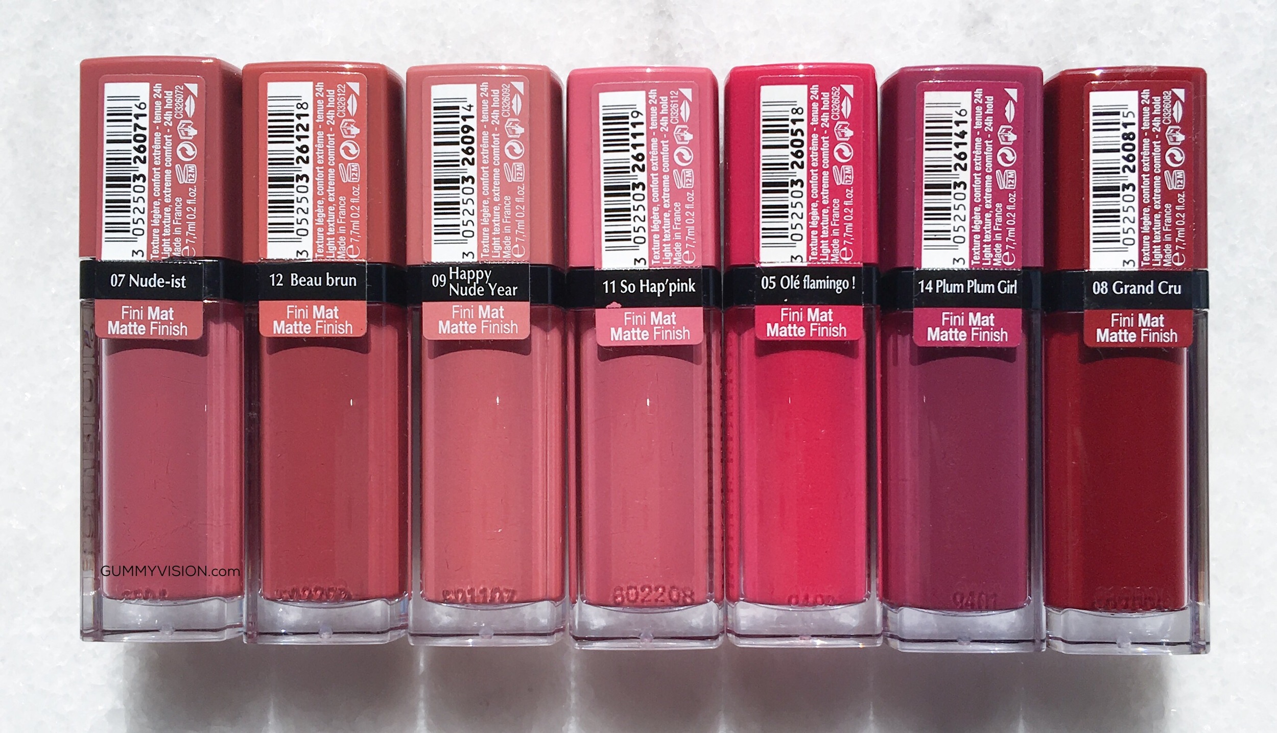 Bourjois Rouge Edition Velvet Lipsticks (L-R): 07 Nude-ist, 12 Beau Brun, 09 Happy Nude-Year, 11 So Hap'pink, 05 Ole Flamingo, 14 Plum Plum Girl, 08 Grand Cru