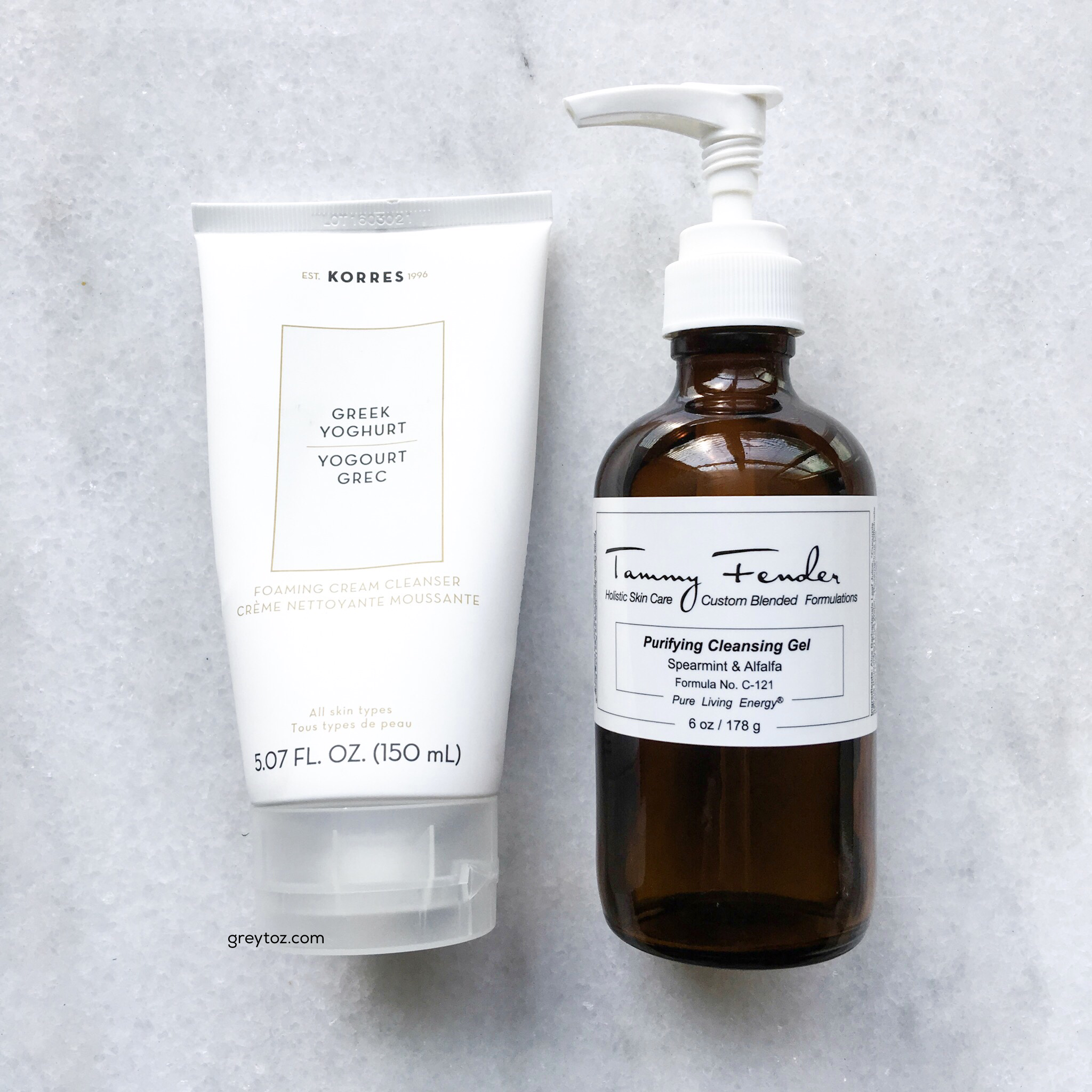 Cleansers: Korres Greek Yoghurt Foaming Cream Cleanser & Tammy Fender Purifying Cleansing Gel