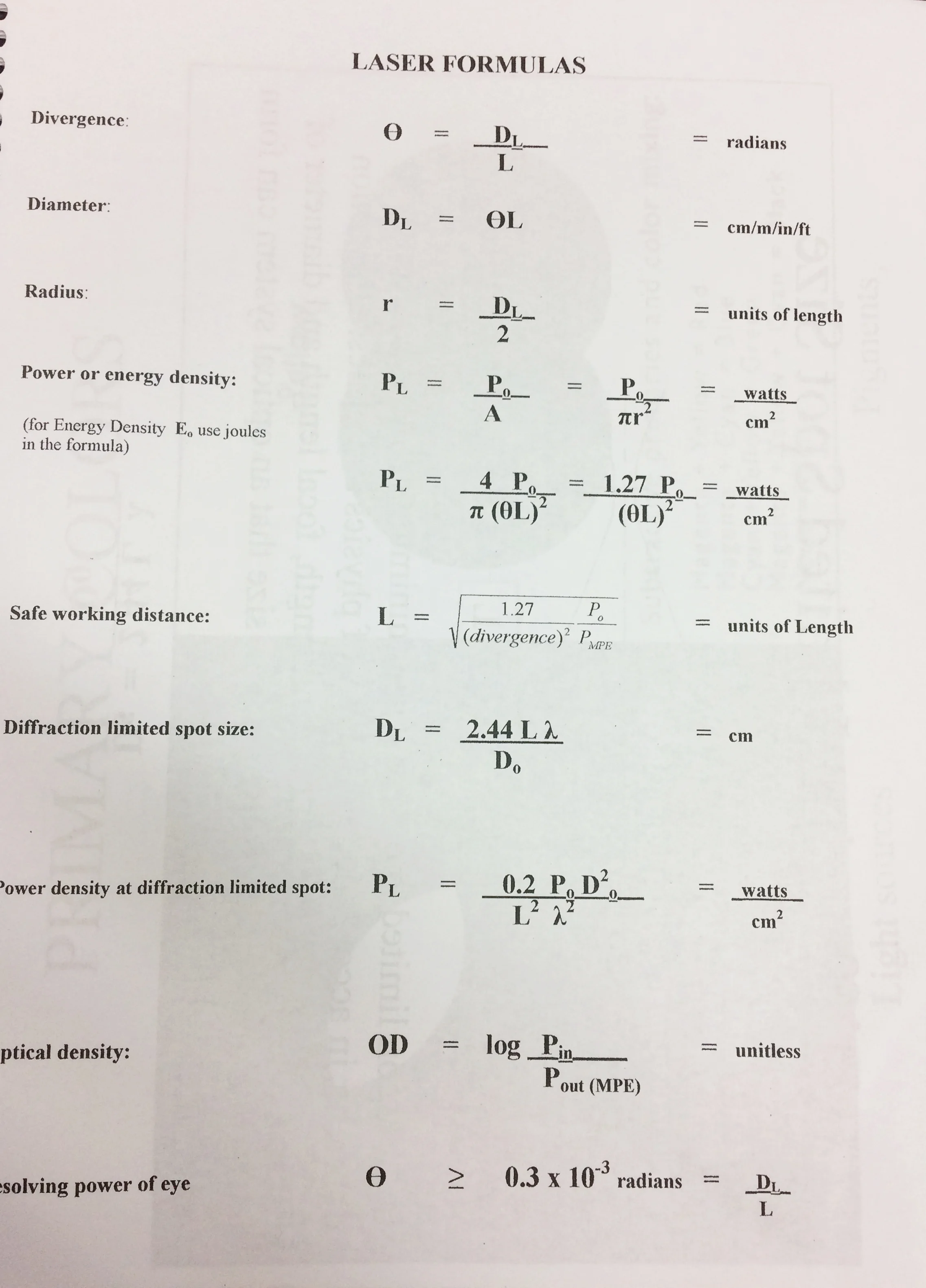 formulas used for laser certification test.
