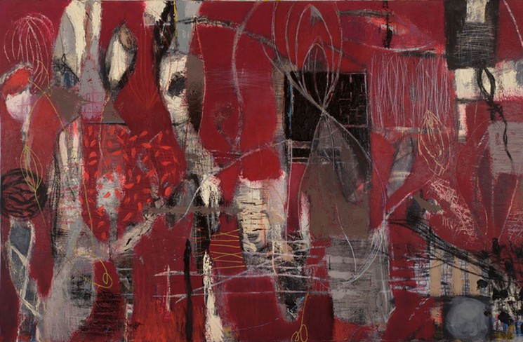 Michael Gadlin’s “Arousal in Red,” mixed media on linen panel.