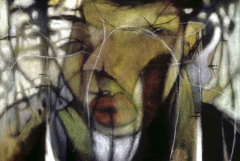 Acrylic, ink, charcoal, and collage on wood Circa 2000-2001 Private collection