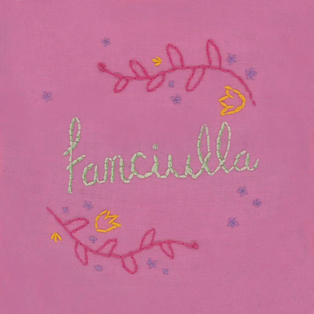 Fanciulla , meaning young girl, is a series of portraits following the femme folk of my everyday. Individually, the subjects photographed each seemed on the threshold (or in the throws) of their most formative, expressive, and self-reflective years. I myself, also on this delicate threshold, found myself threatened by this newfound pressure, and whatever may come next. Along this, I was disturbed by the immortalized young women of Western art history: a plethora of images of vulnerable, sexualized, passive women. My own images therefore were an attempt to immortalize a specific moment, but one that was less concerned with the qualities of classic depictions of young women, and more with their ability to be active, and to finally be given a voice. Embroidery by Maybe McInnis