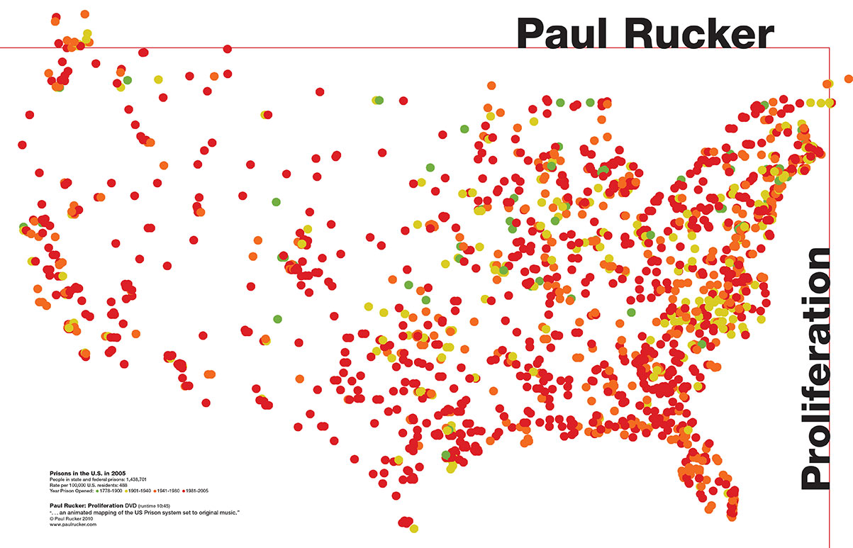 Artist Paul Rucker created an animated mapping of the US Prison System in 2010 during a two-week residency at the Blue Mountain Center based on the proliferation of federal and state prisons in 2005 based on GIS maps by Rose Heyer which modeled the growth of the US prison system.
