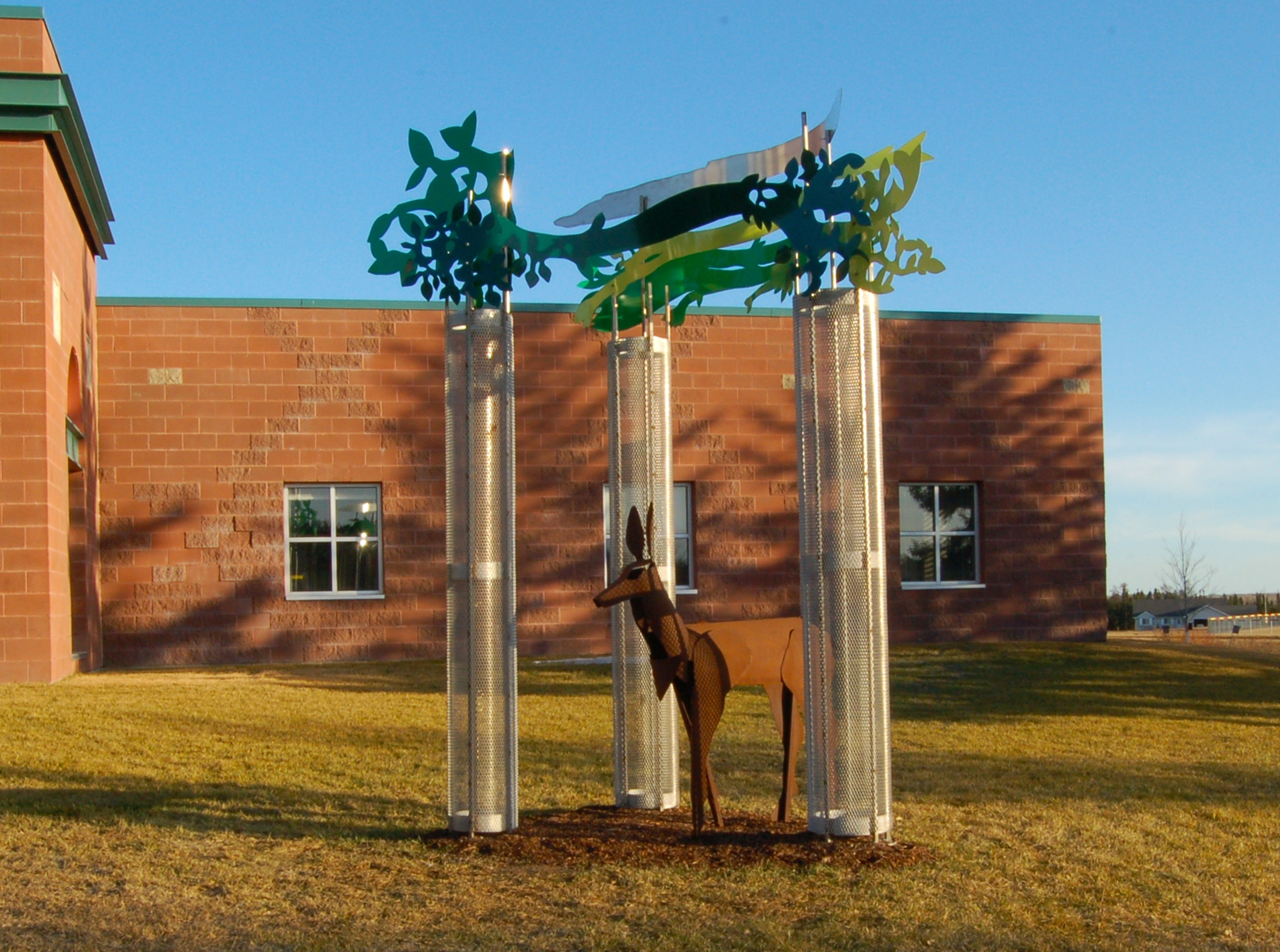   Iron Deer in the Steel Forest , stainless steel expanded metal, enameled steel, and Corten steel. 14 x 14 x 14.​ 