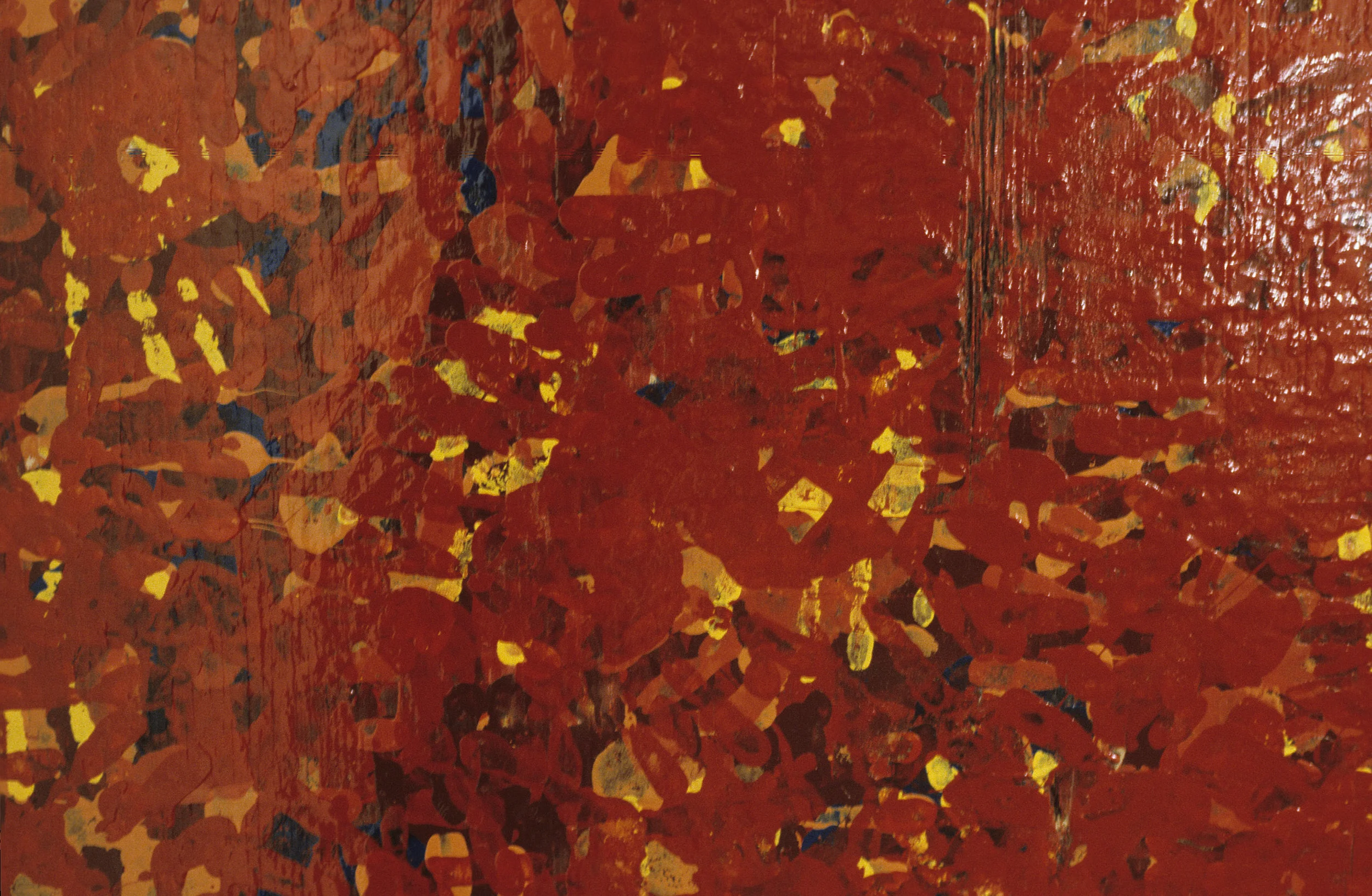 Detail, The Counting. Bulletin enamels on wood panel. Hundreds of handprints in several colors are layered.