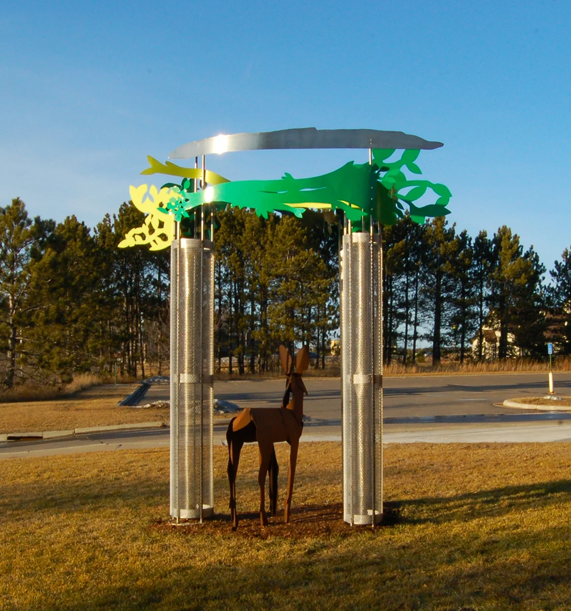 Iron Deer in the Steel Forest , stainless steel, enameled steel, and Corten steel, 14 x 14 x 14