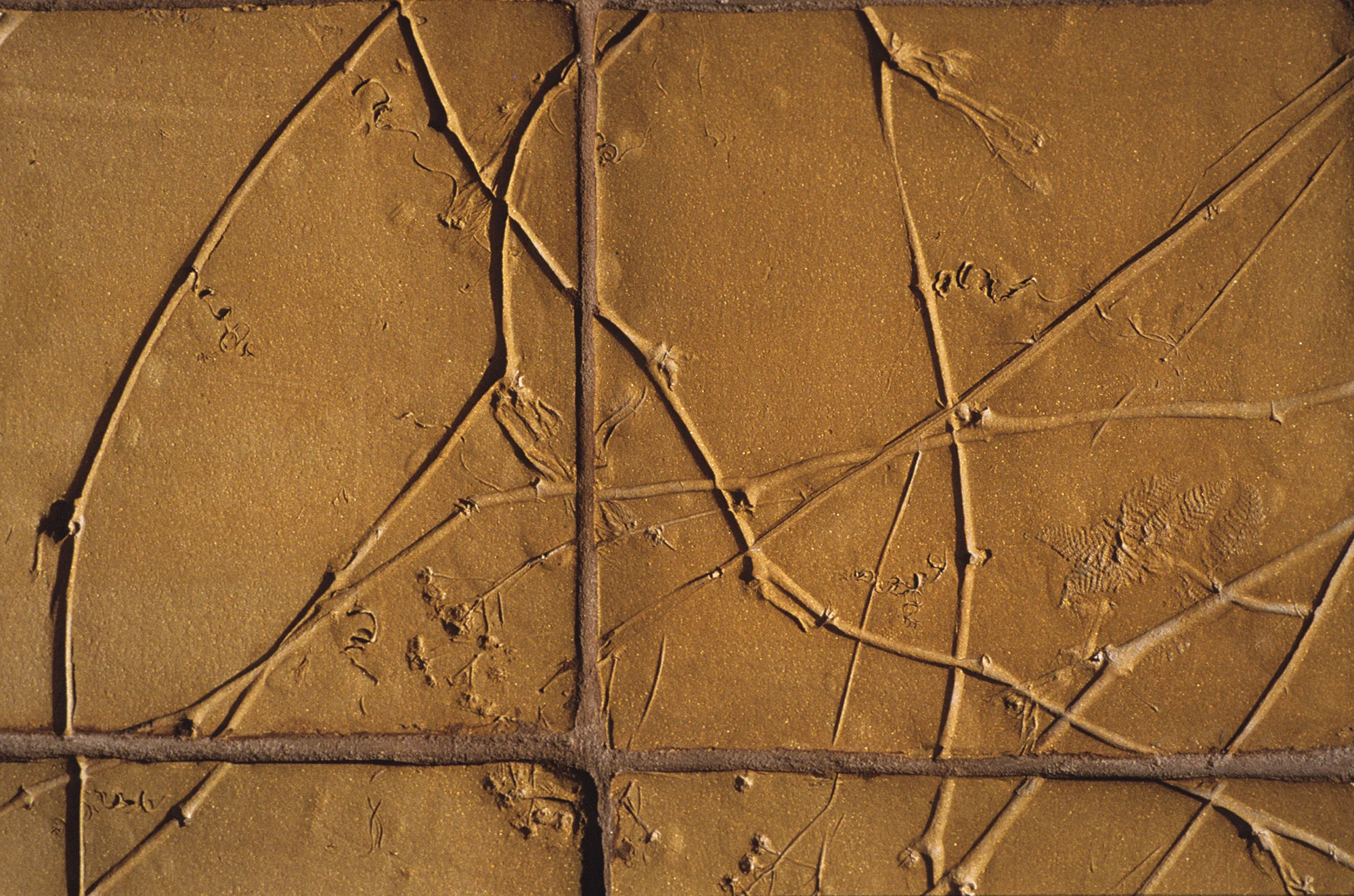 Floodwaters , tile detail. Each tile is @ 10" square, and is one inch thick. Mortar is a sanded concrete grout, and all surfaces are sealed with tile sealant.