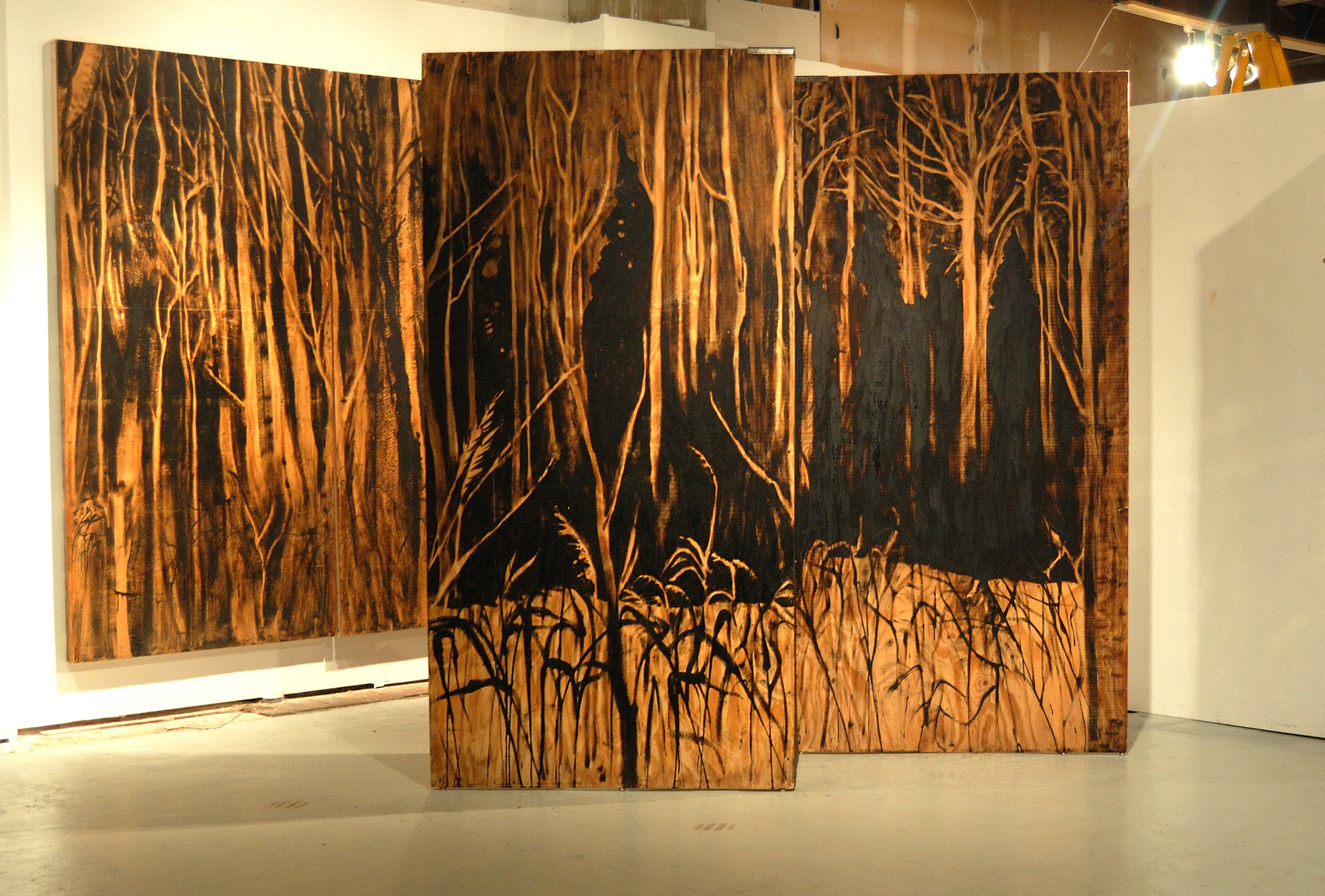  ​"Living Room" was a one-person show at Gallery 13, 811 LaSalle St., Minneapolis, MN.&nbsp; The panels, both freestanding 
and wall-hung, are each 4' x 8' plywood, painted in asphaltum. They are part of an ongoing series called "Forest."  