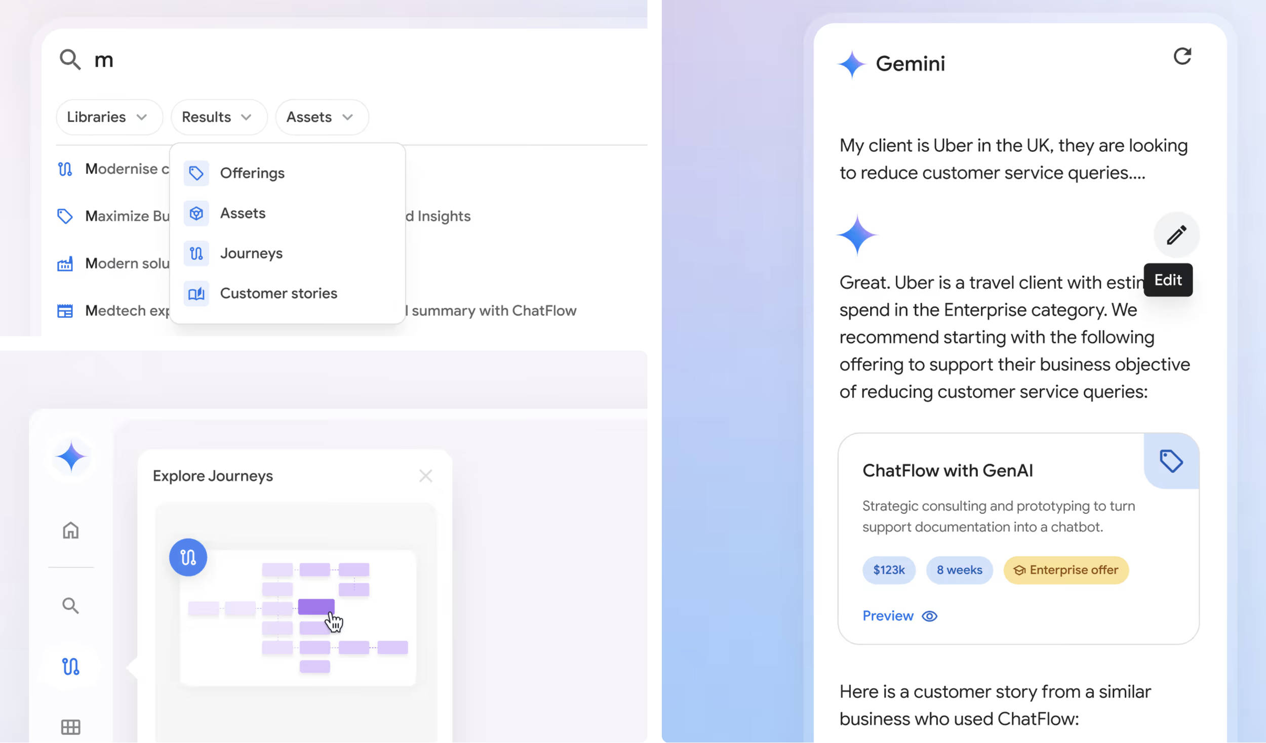  Instead of scraping the intranet, sales teams just ask their sidekick. It finds the right info, sharpens it into sales collateral, builds a tailored pitch &amp; uncovers new ways to sell across hundreds of Google Cloud offerings. In minutes, not hou