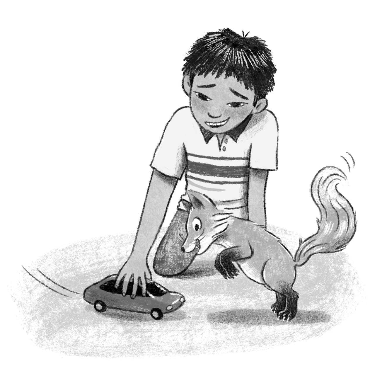 Black and white illustration of a boy and a happy fox cub
