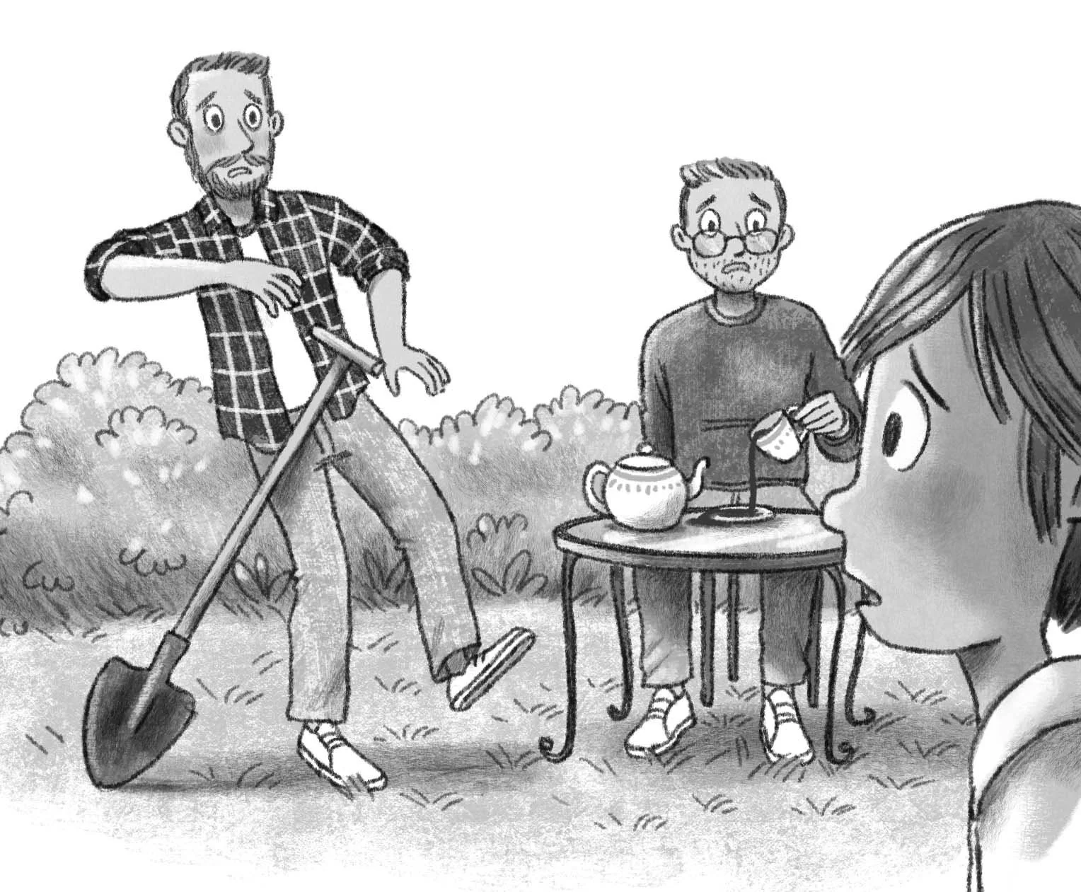 Narrative black and white illustration of a boy and his dad's, LGTB positive 