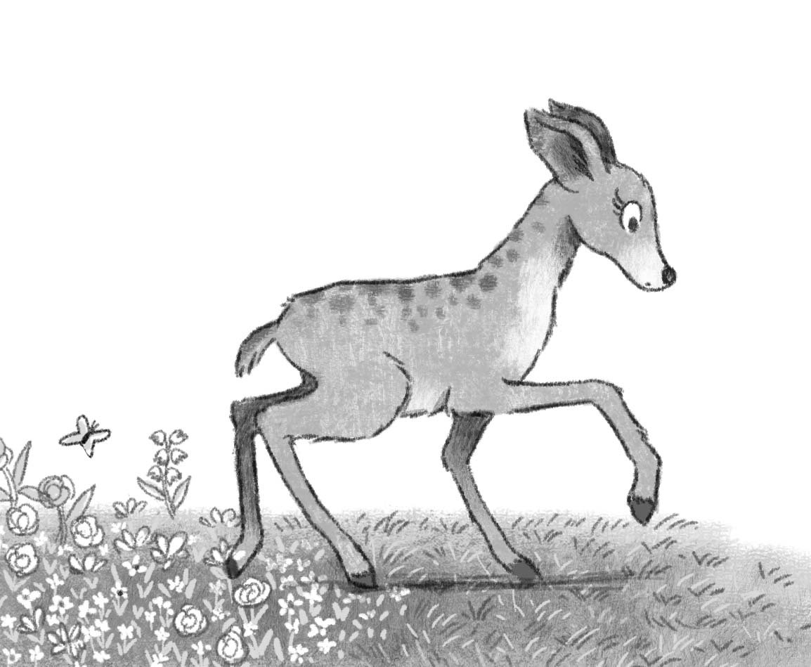 spot illustration in black and white for middle grade book showing a cute fawn who is insecure