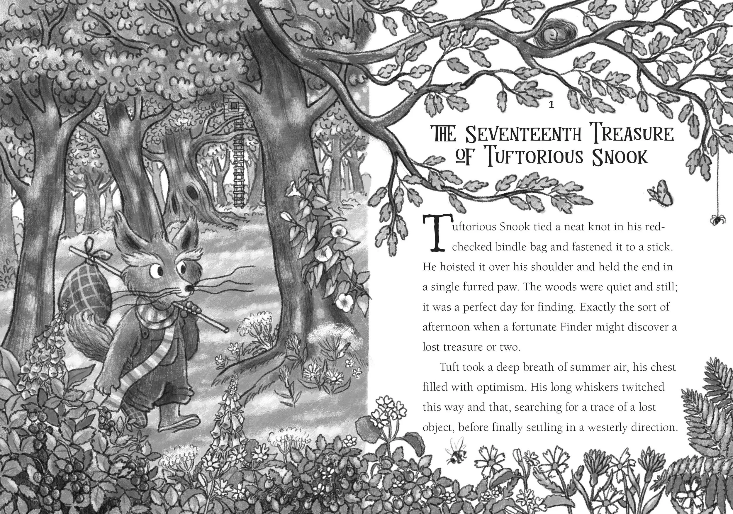 Children's book illustration in black and white featuring fantasy creature