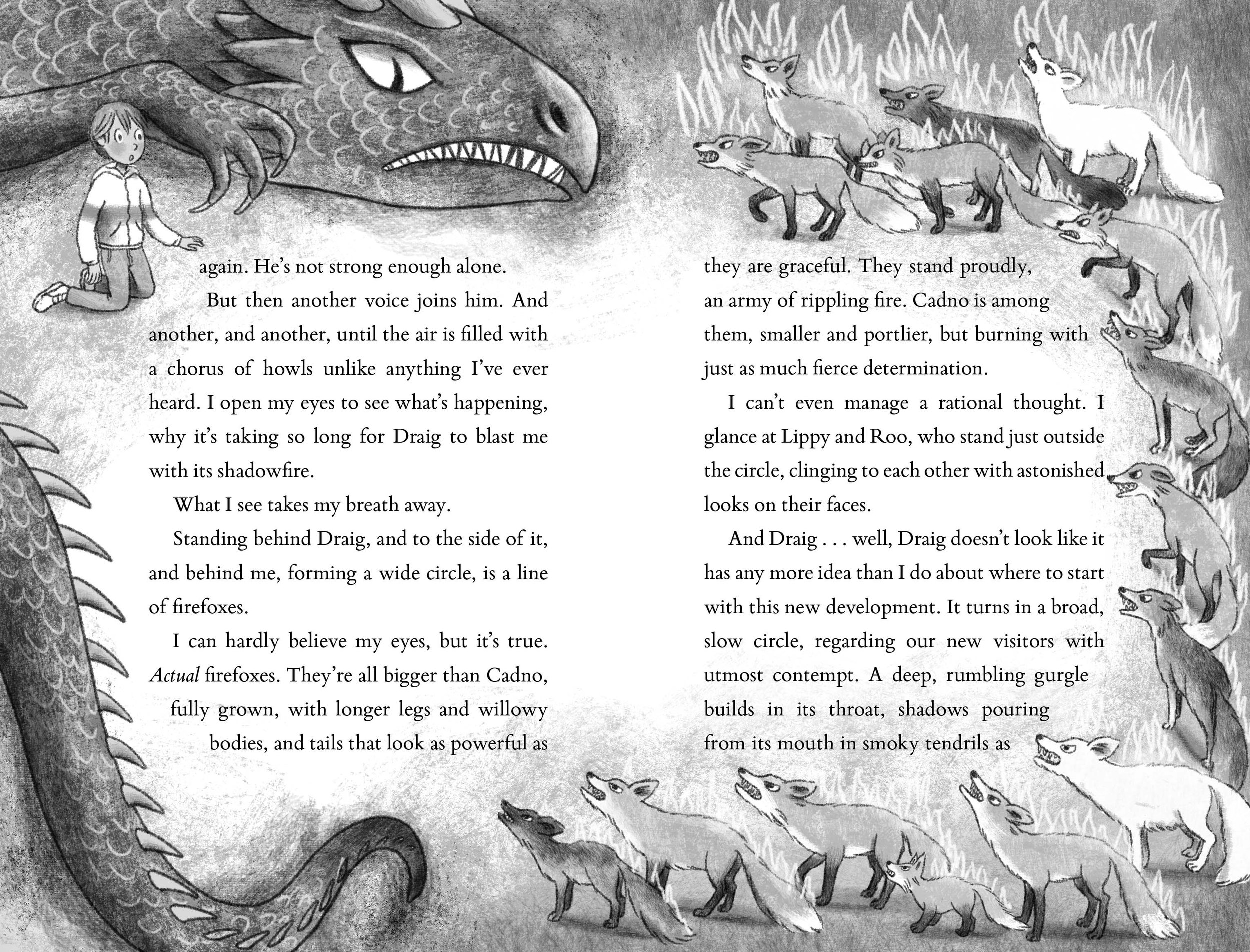 Middle grade book illustration of spooky dragon and fantastic creatures who are fire foxes