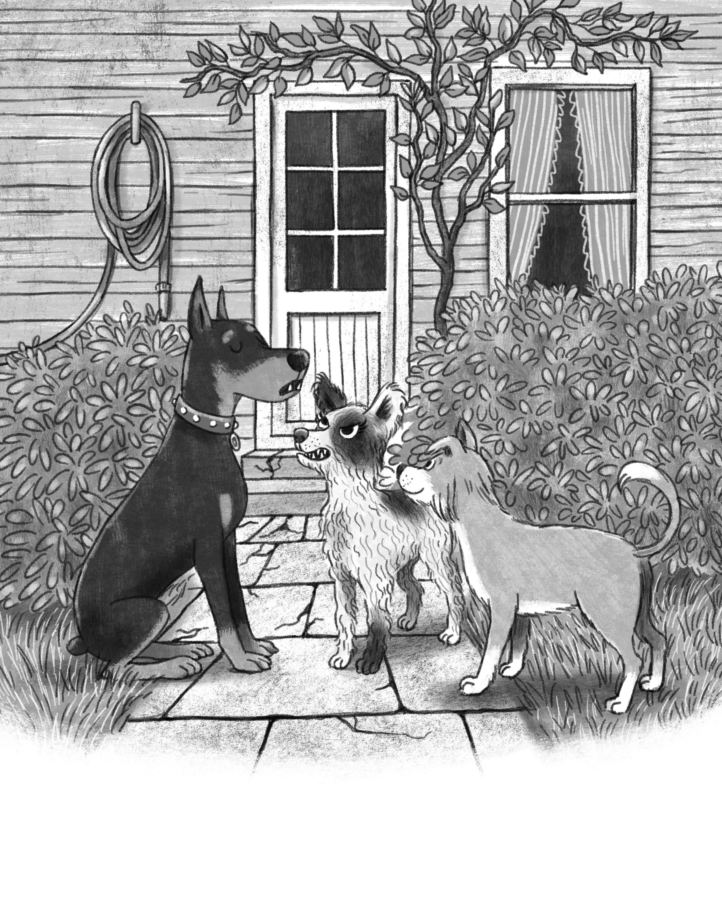 interior spot art of children book with dog characters
