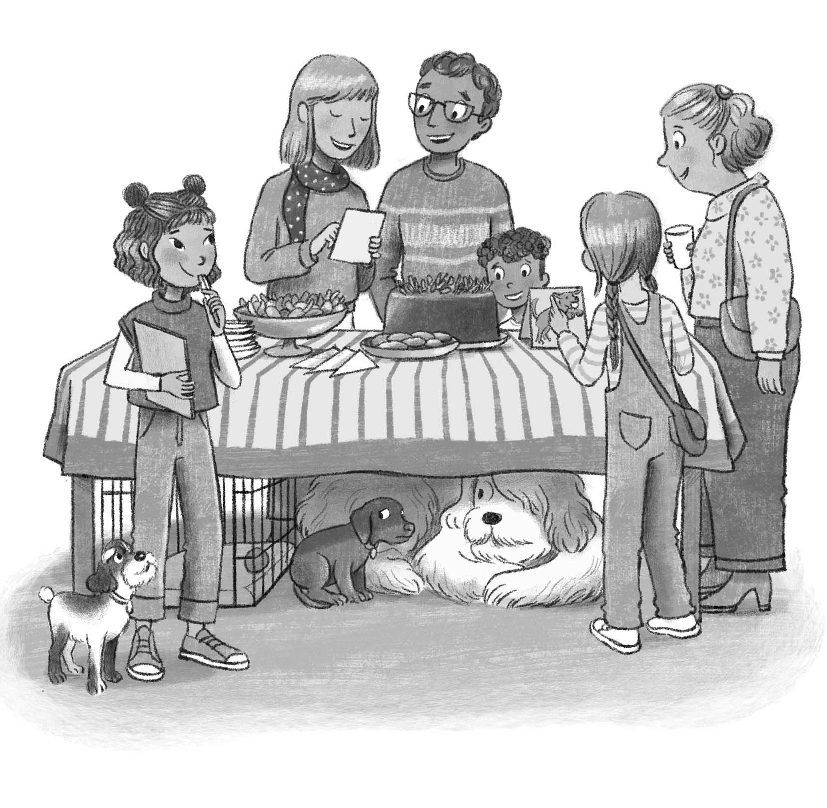 black and white interior illustration for children's book showing a group of people around a table where there's food and two dogs are hiding underneath.