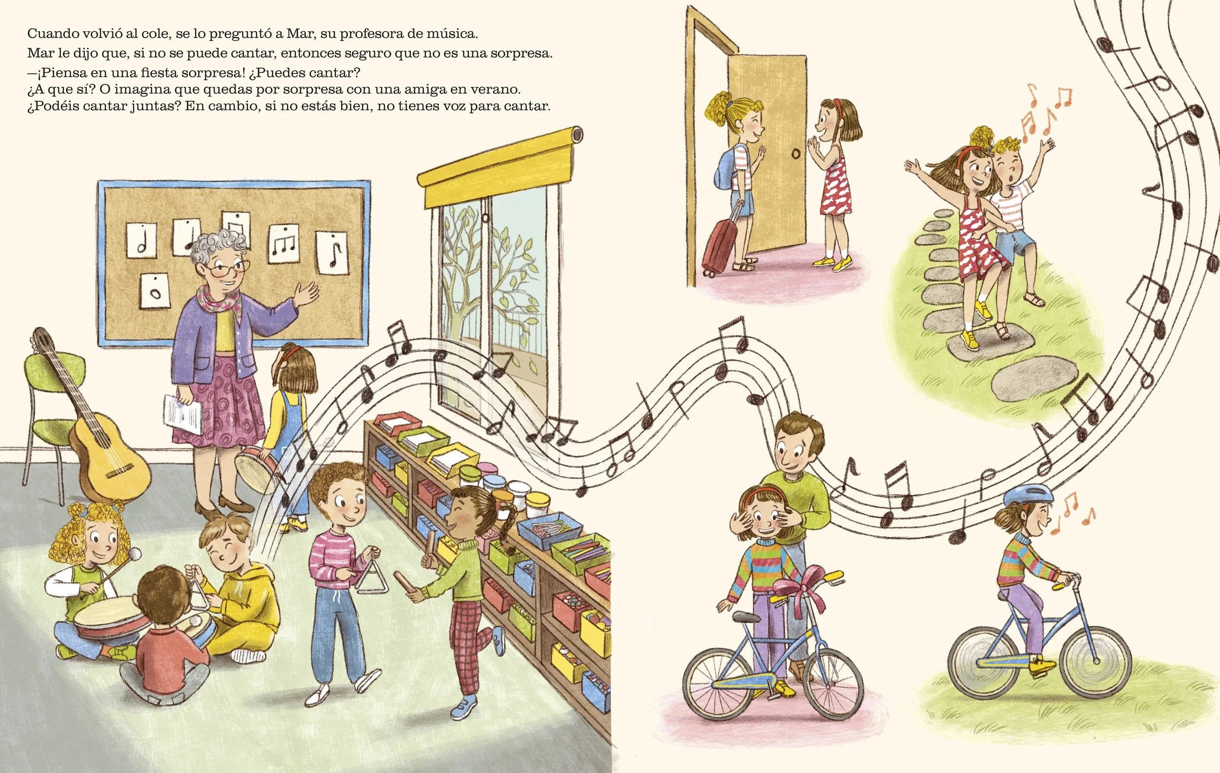 interior colour spread of picture book featuring a music class, friendship