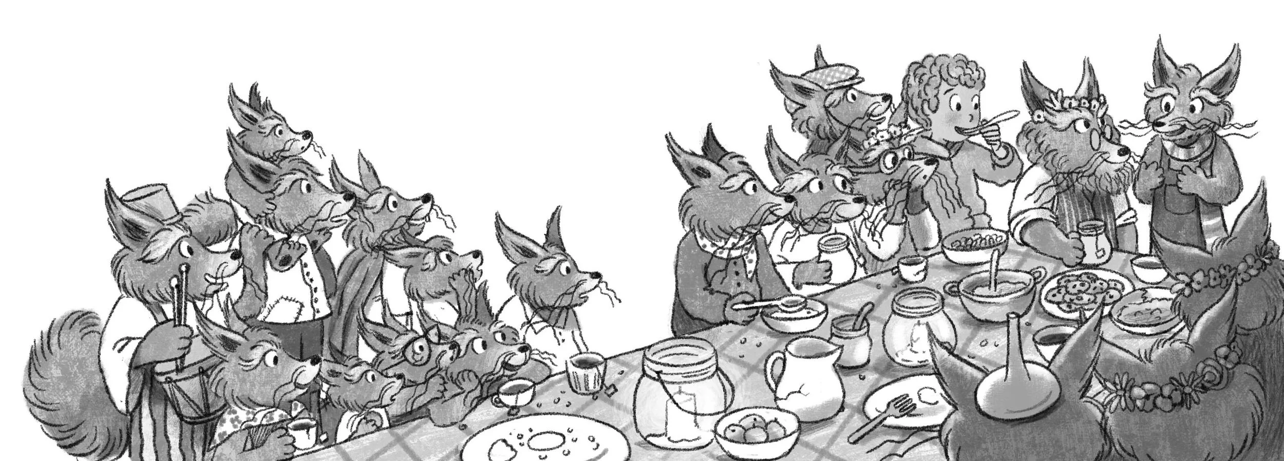 Children's black and white illustration featuring fantasy funny creatures