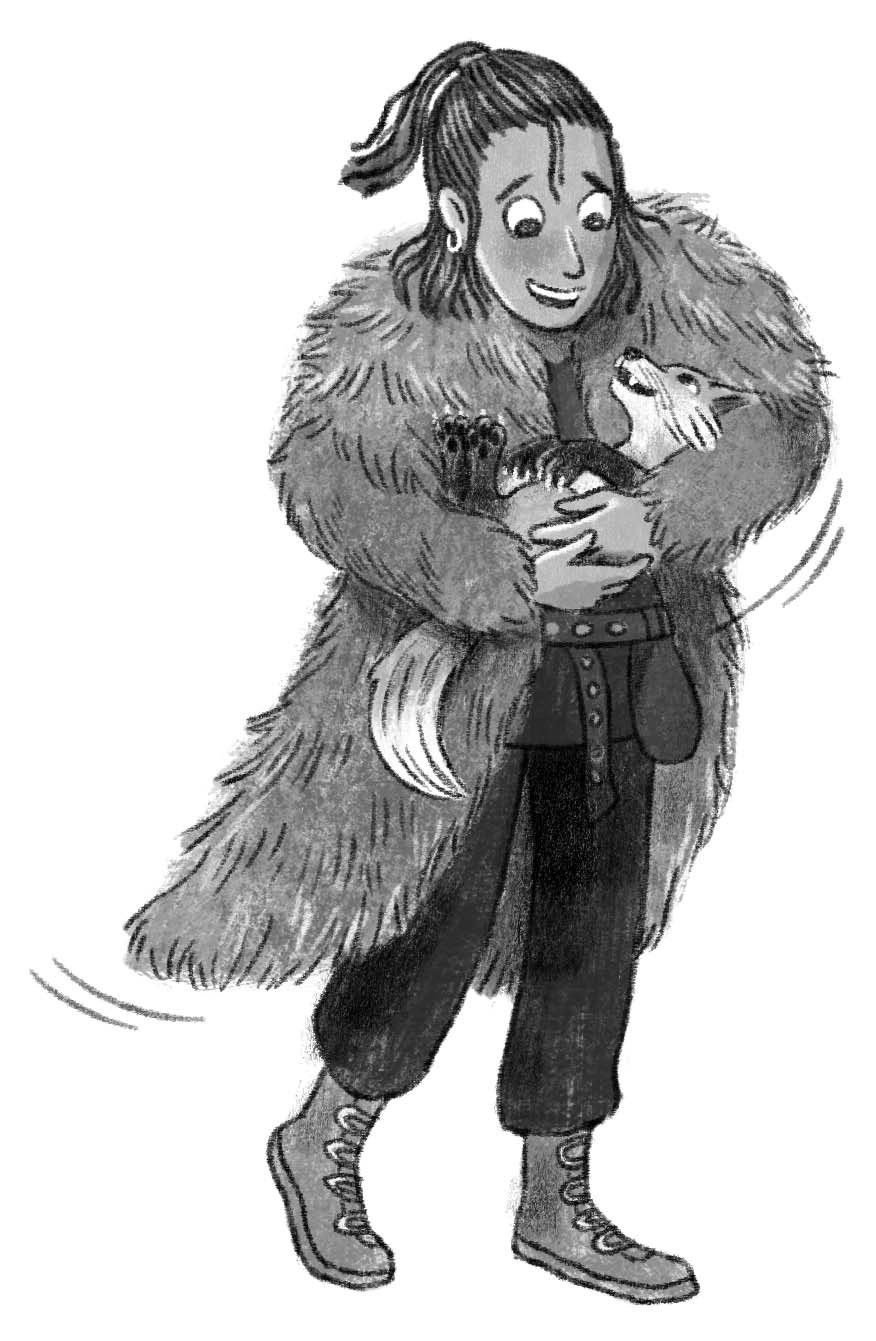 Black and white spot illustration of a fantasy character and puppy