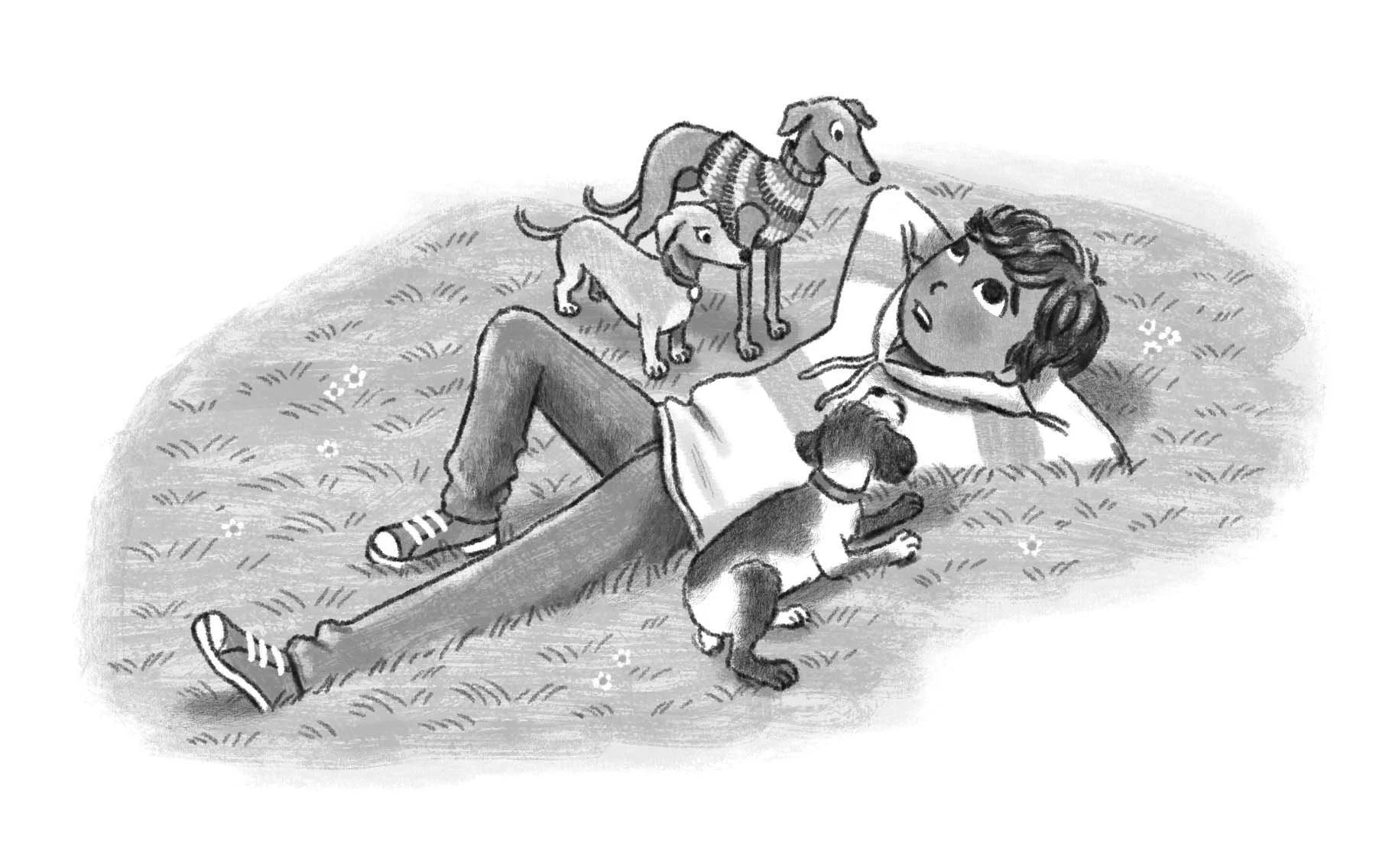 children's book black and white illustration about dog and kid's friendship