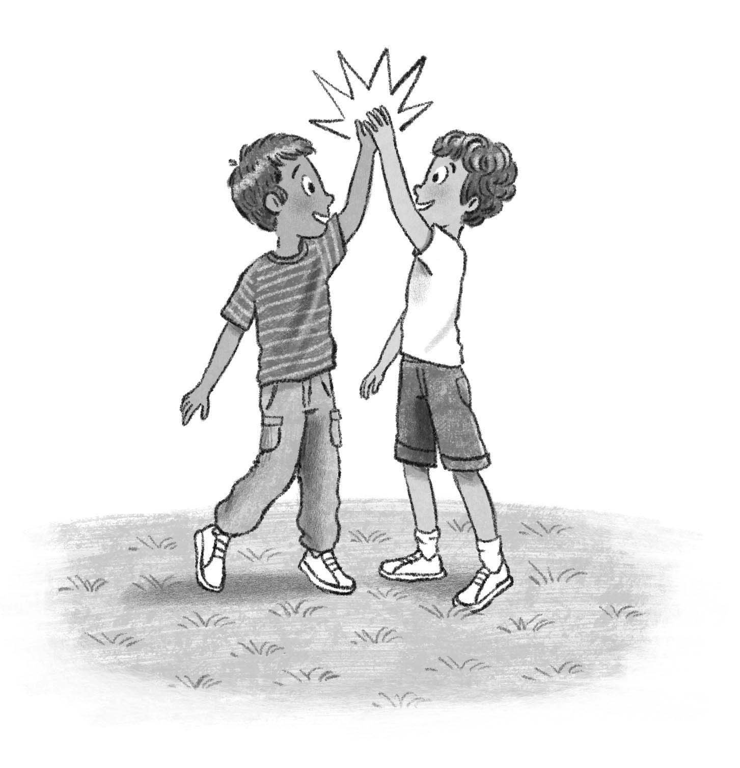 black and white spot illustration for middle grade fantasy book showing two boys high-fiving