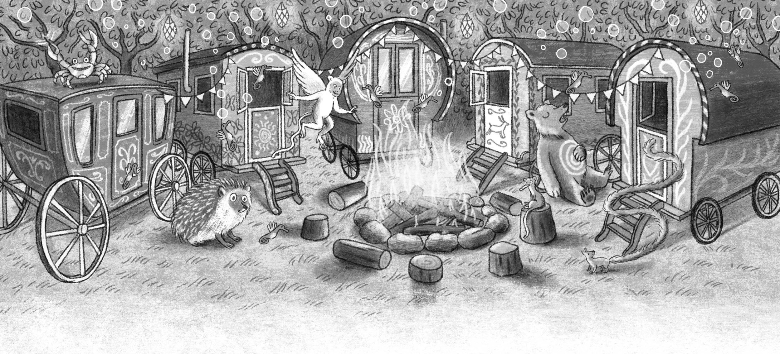 Interior illustration for middle grade fantasy book showing a camp fire and fantastic creatures