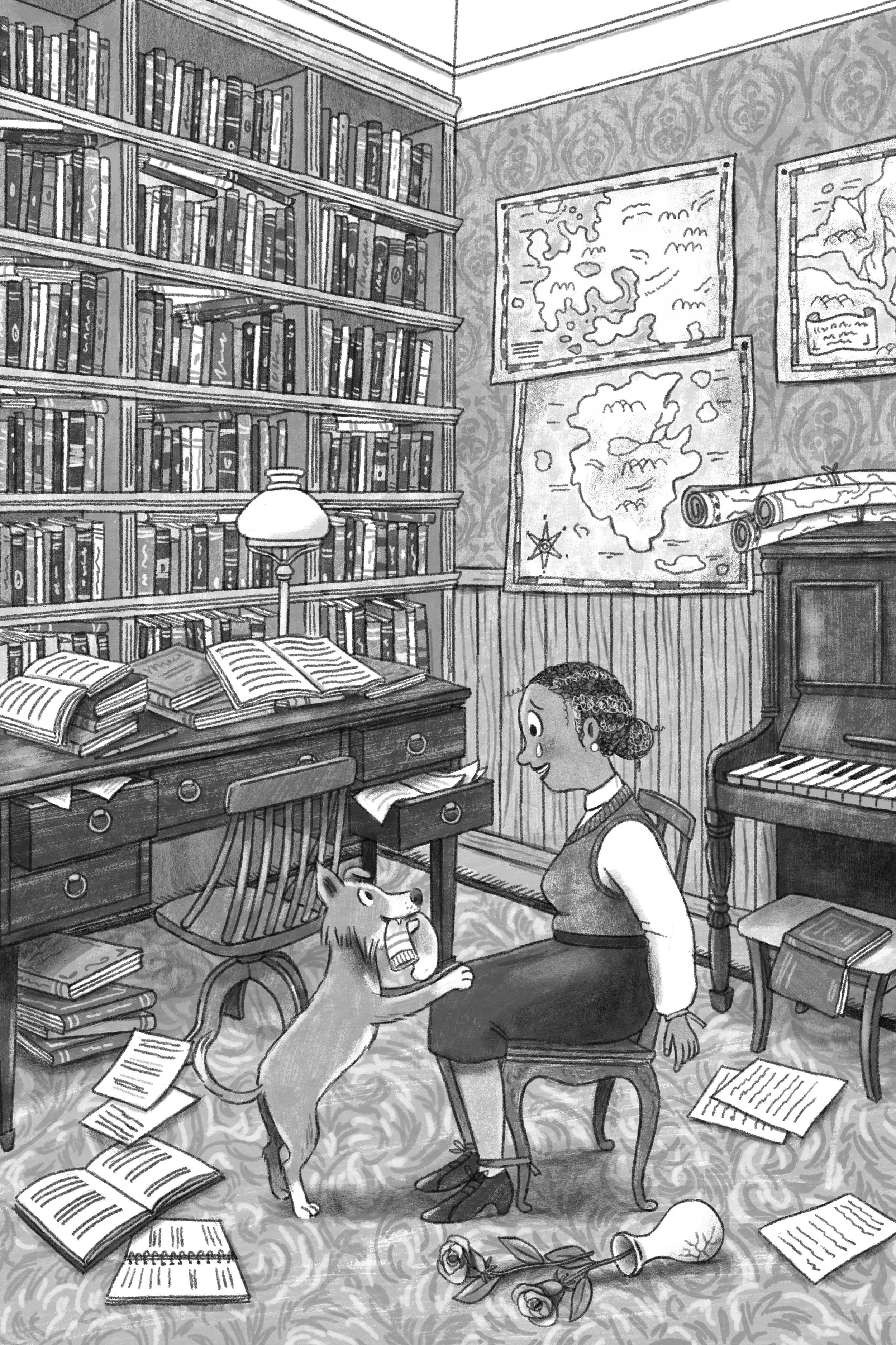 Black and white interior illustration of middle grade book about adventure and mystery