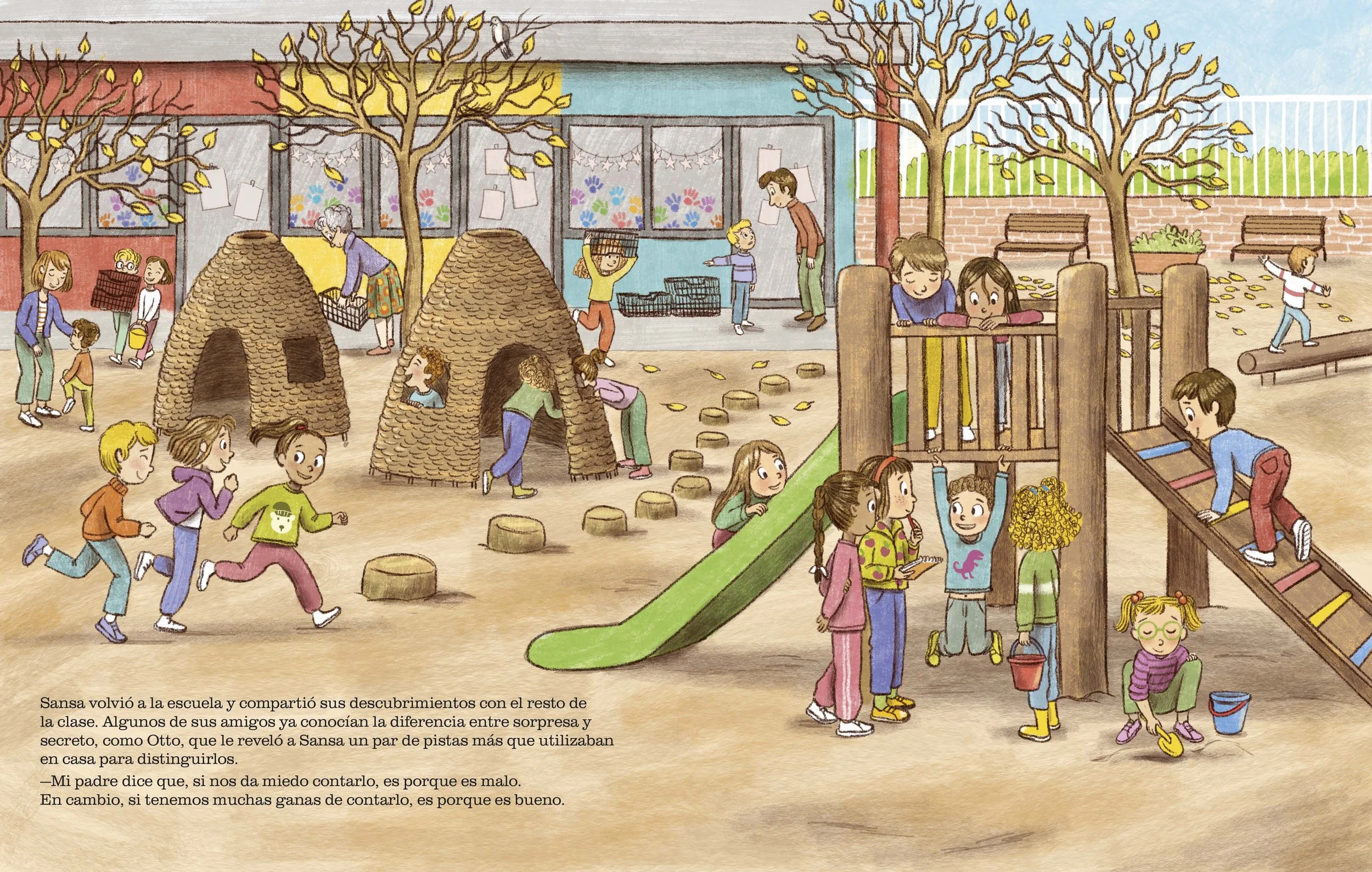 Color illustrated scene from a picture book showing children at a playground, expressive and calmed 
