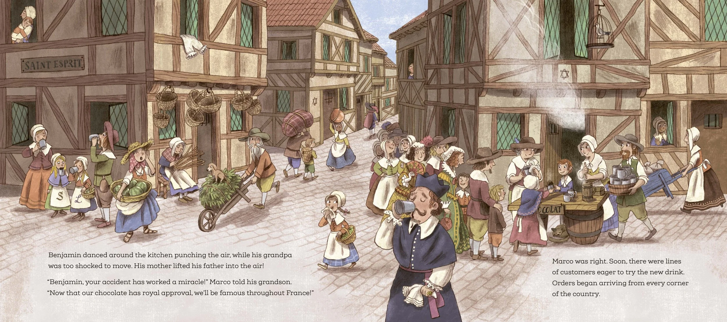crowded scene of children's picture book set in medieval times, town scene