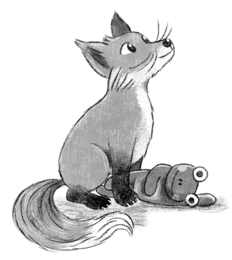 Interior spot illustration of a cute puppy fox with toy