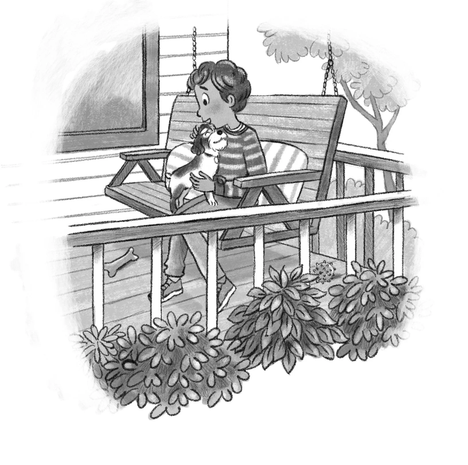 interior illustration of fantasy middle grade book of a boy showing care and emotion to a dog 