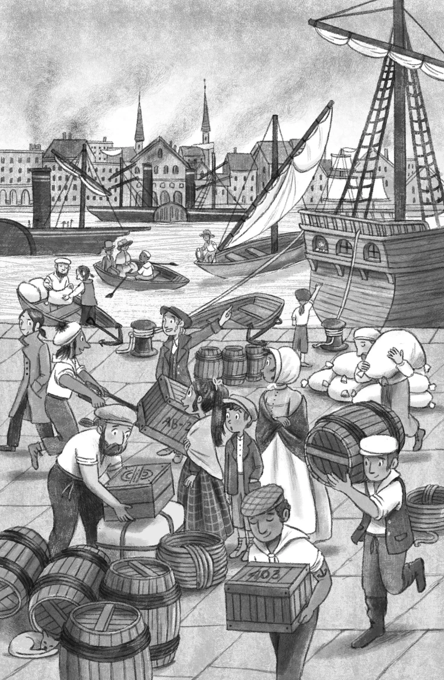Interior crowded scene of middle grade fantasy book about time travel