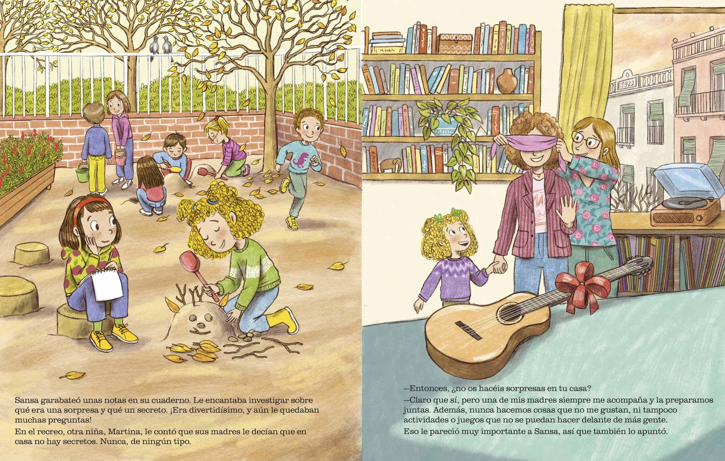 Color narrative illustration from picture book with two scenes of children and family in different emotional situations. 
