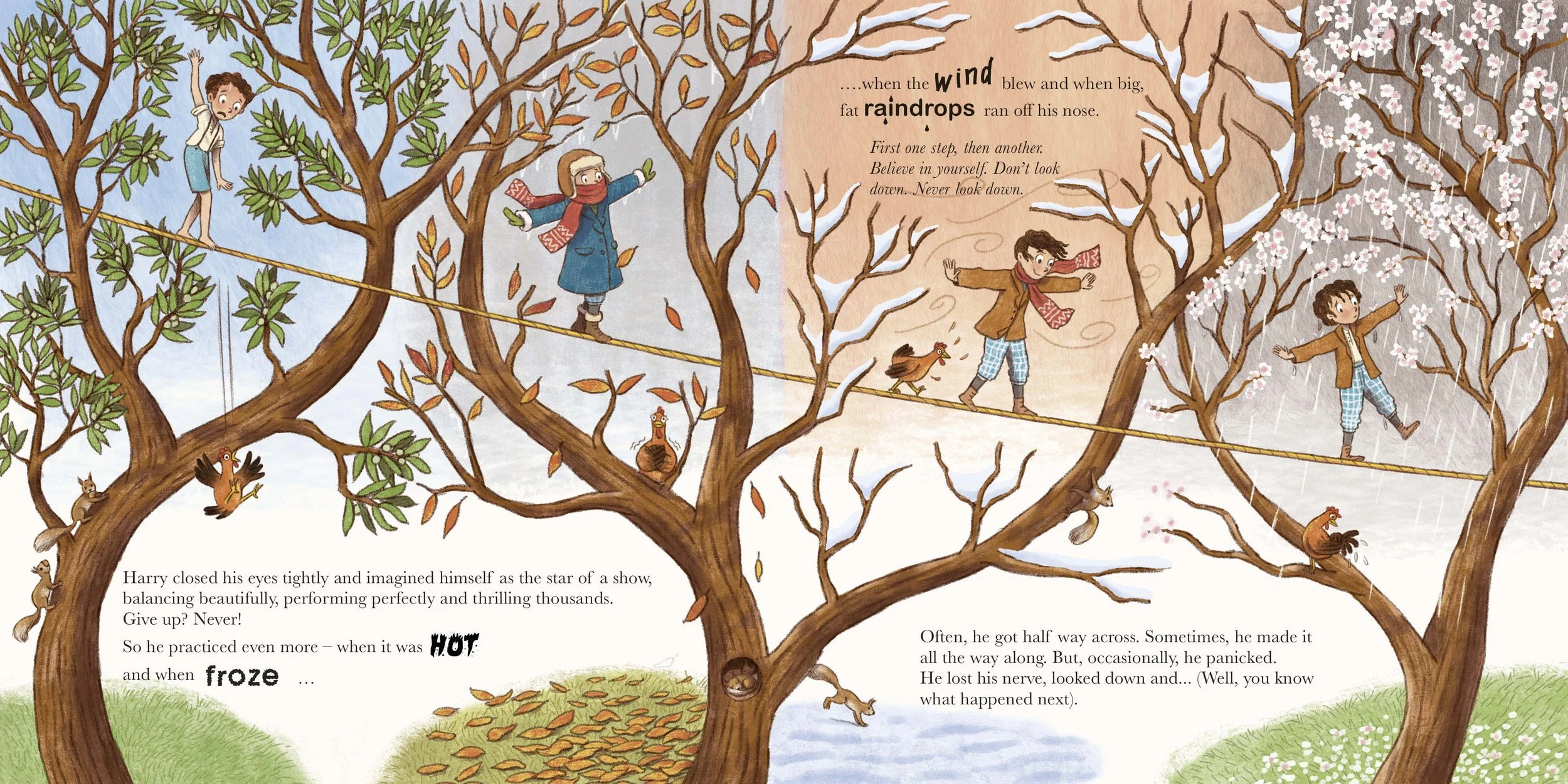 Narrative illustration about different weather conditions showing a boy on a high wire
