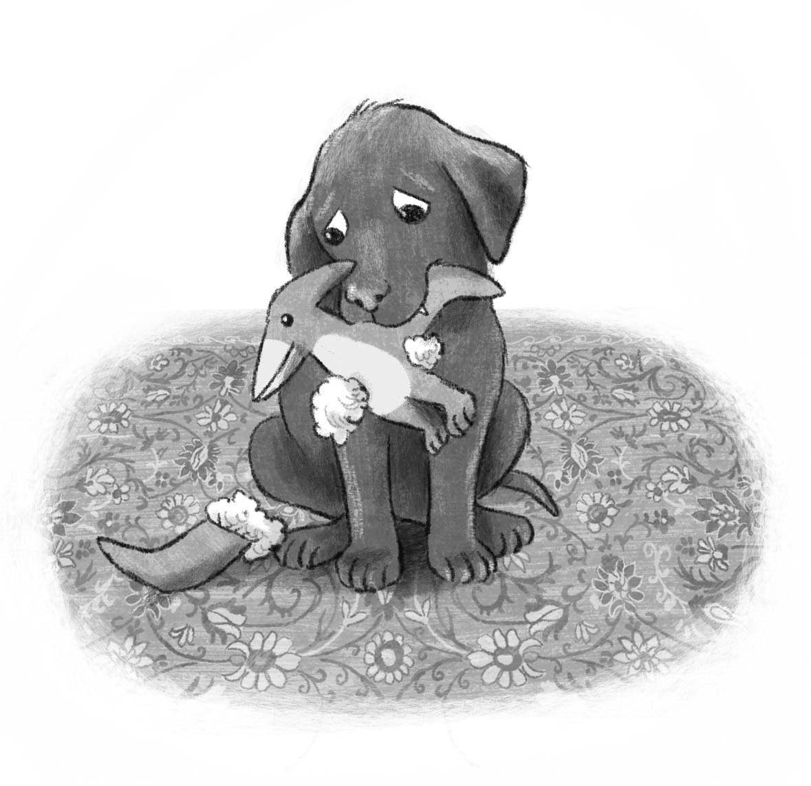 Cute spot black and white illustration of a lab puppy who is sad because he broke a toy