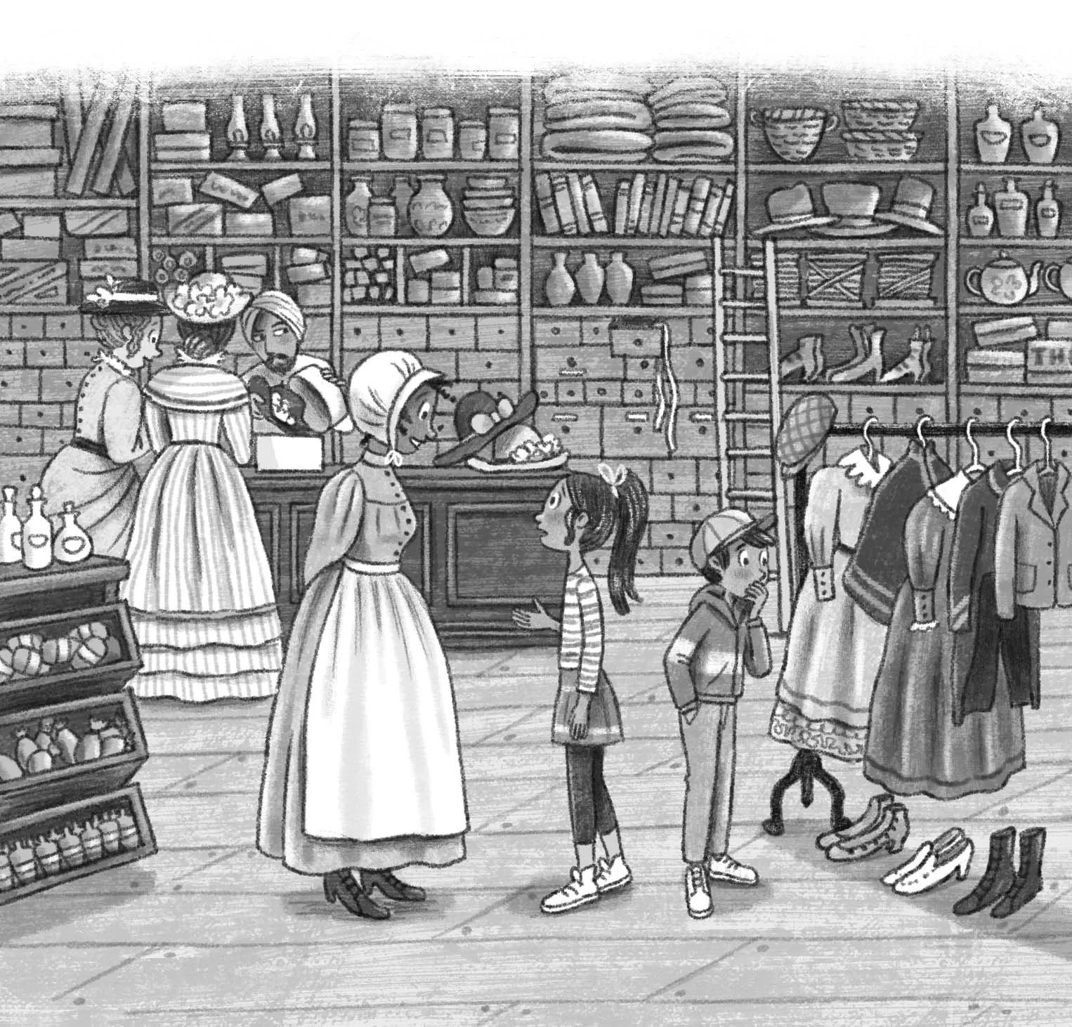 Fantasy book about time traveling to victorian time, children in a shop filled with cabinets.
