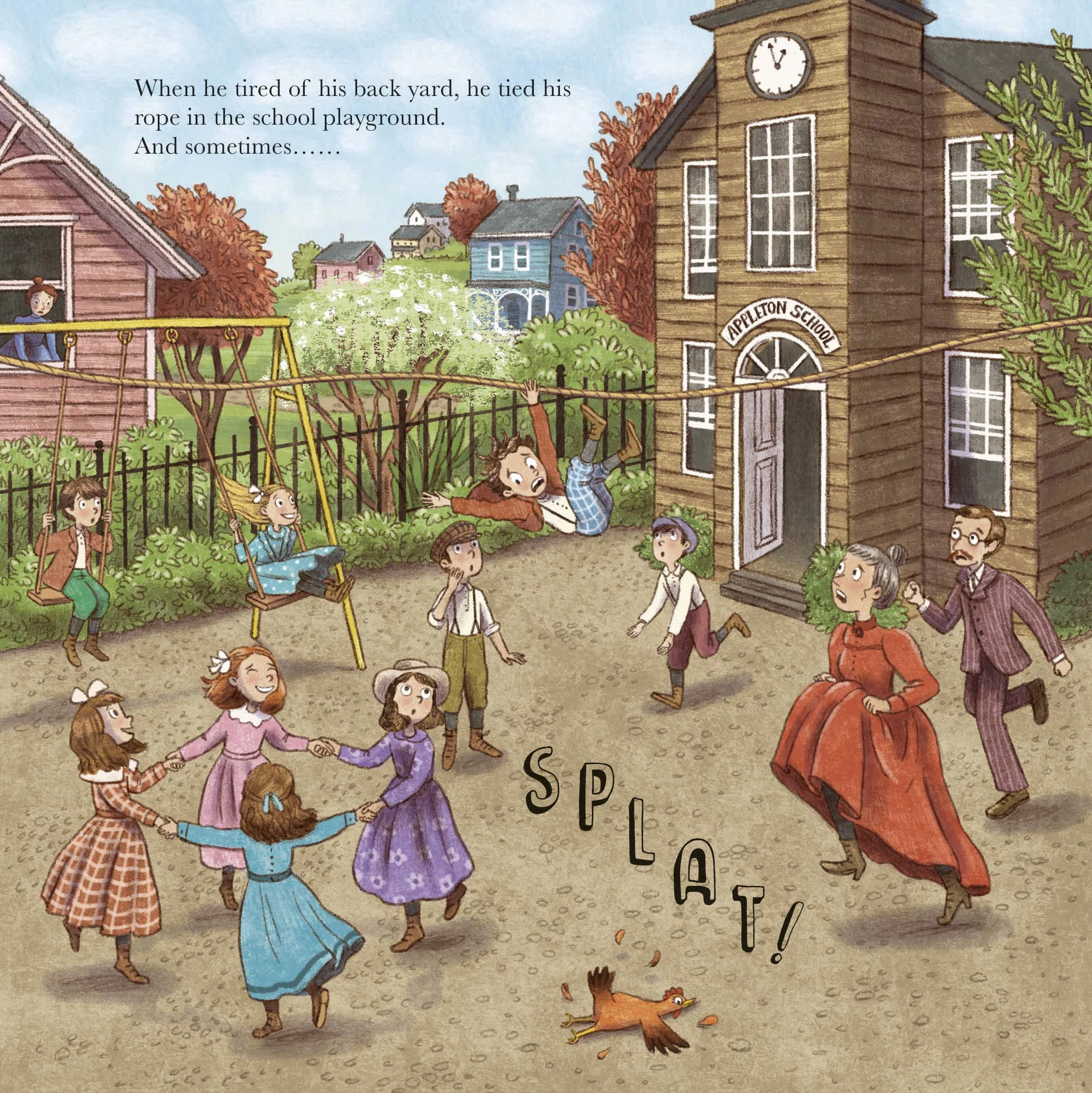 Interior picture book color illustration of children on a school playground in victorian times