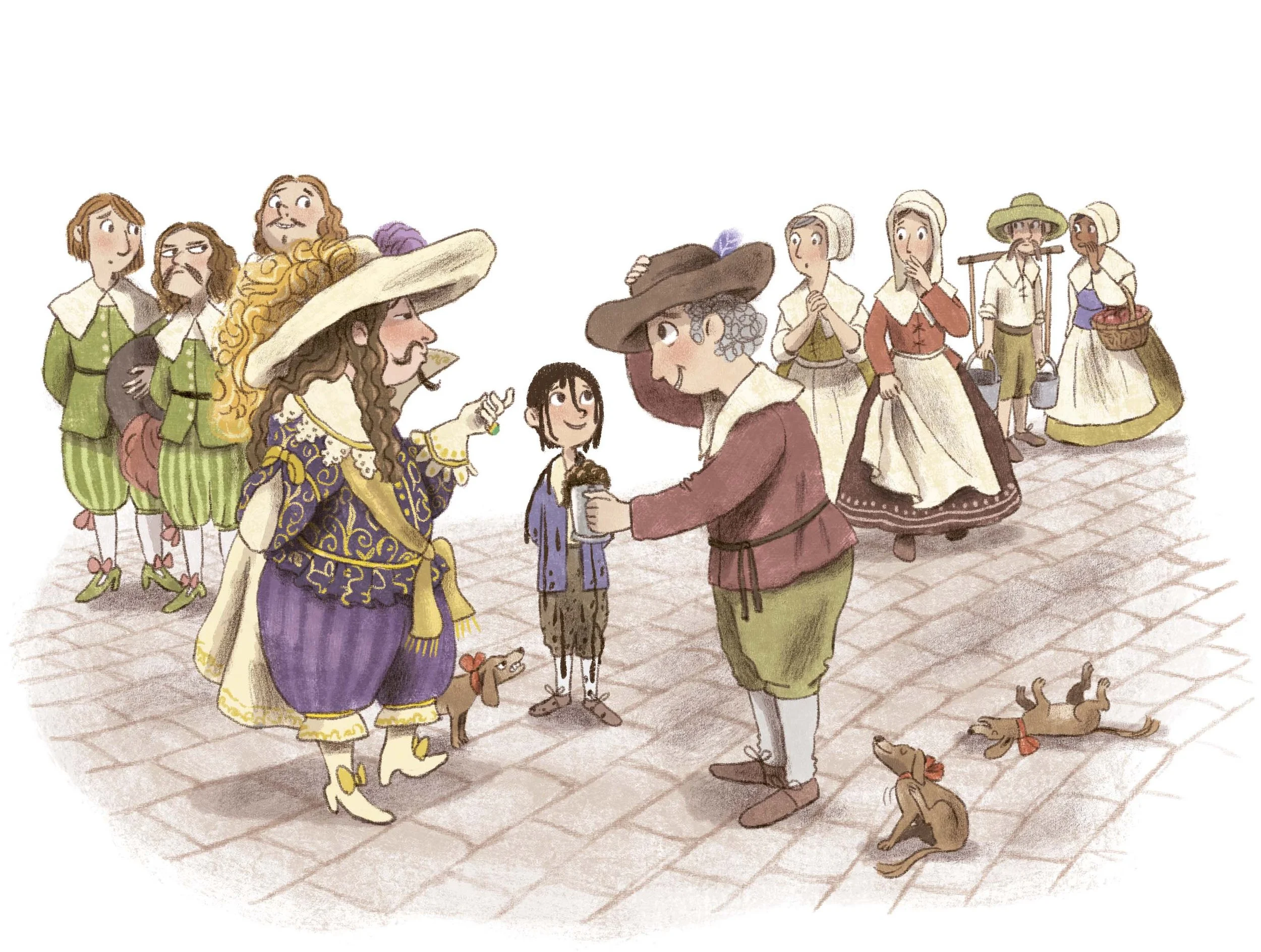 Colour illustration of picture book featuring a group of characters, funny scene