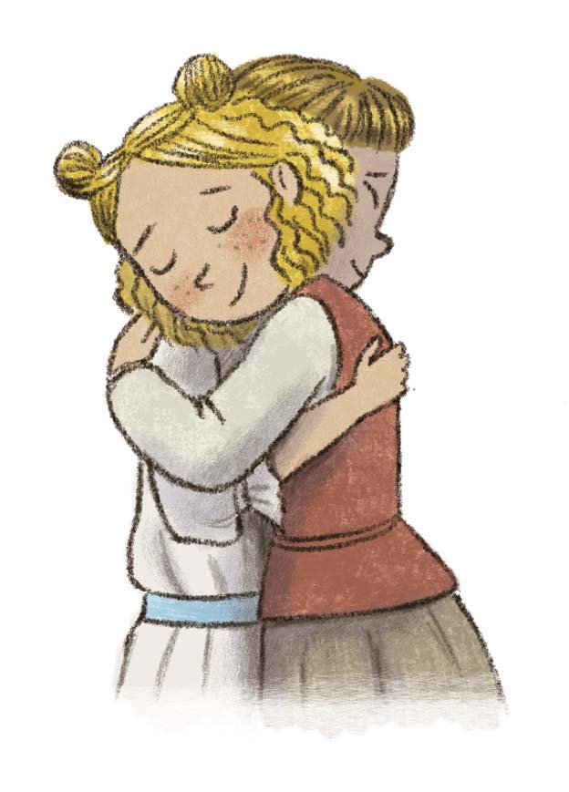 Picture book interior spot art of two girls hugging, emotional scene