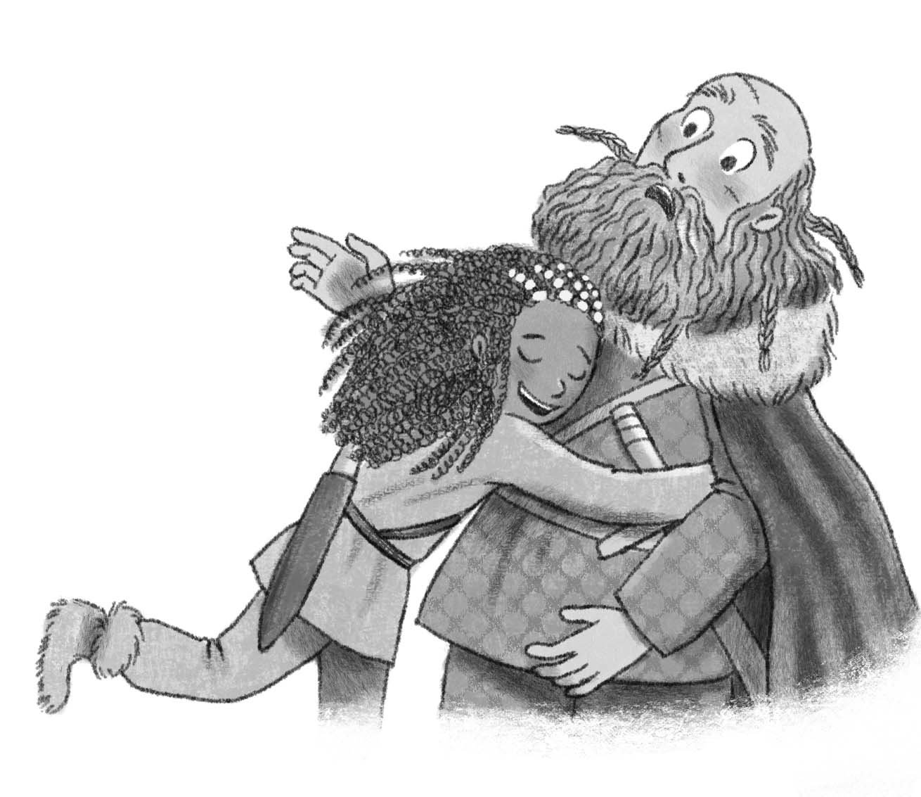 Emotional illustration for children's book showing a girl and an adult hugging 