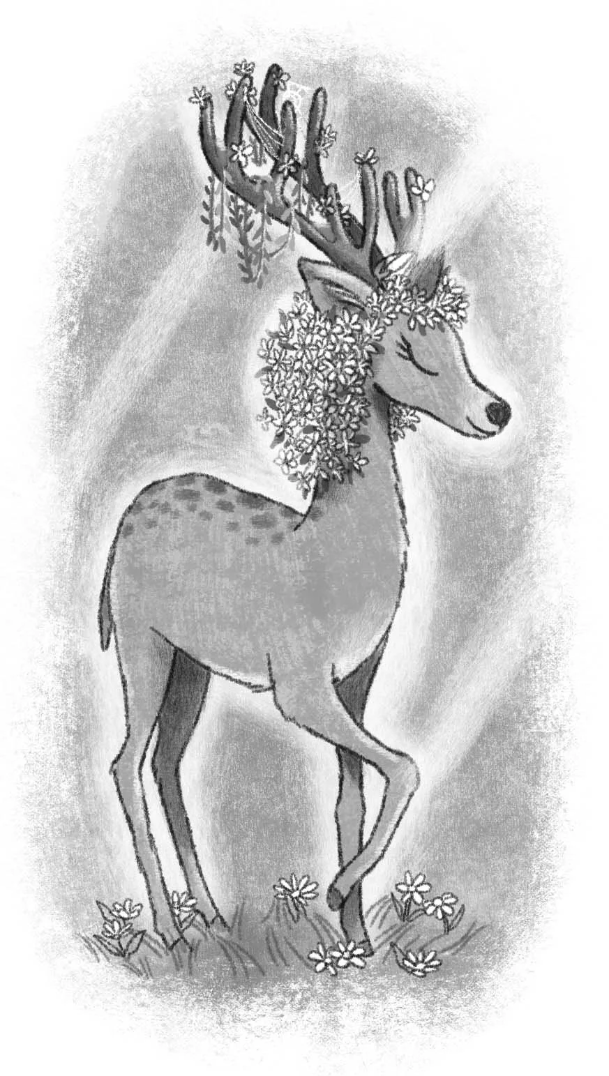 spot art from middle grade book of a fantastic creature who is a deer with magic powers