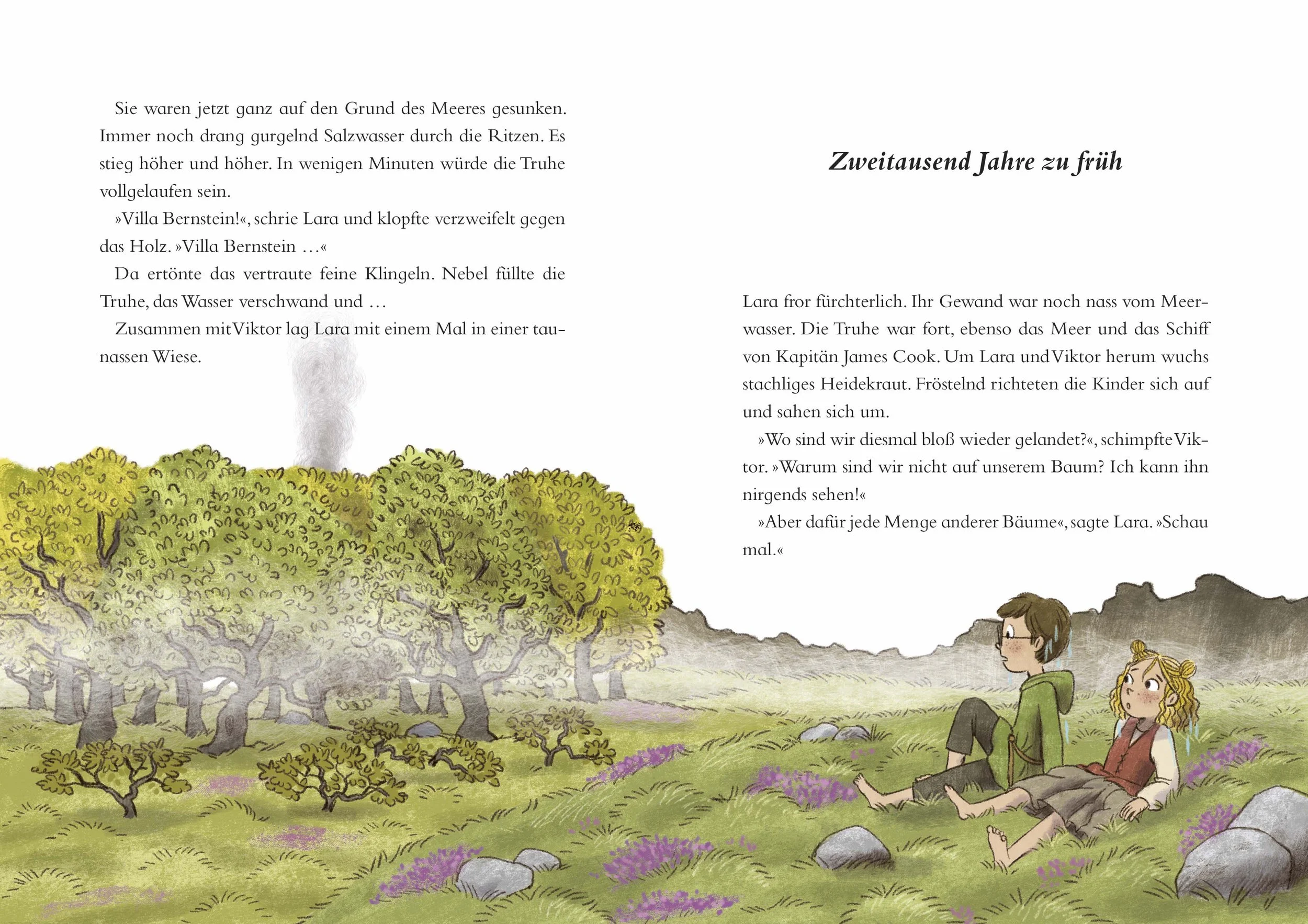 Picture book interior art about two children in a field